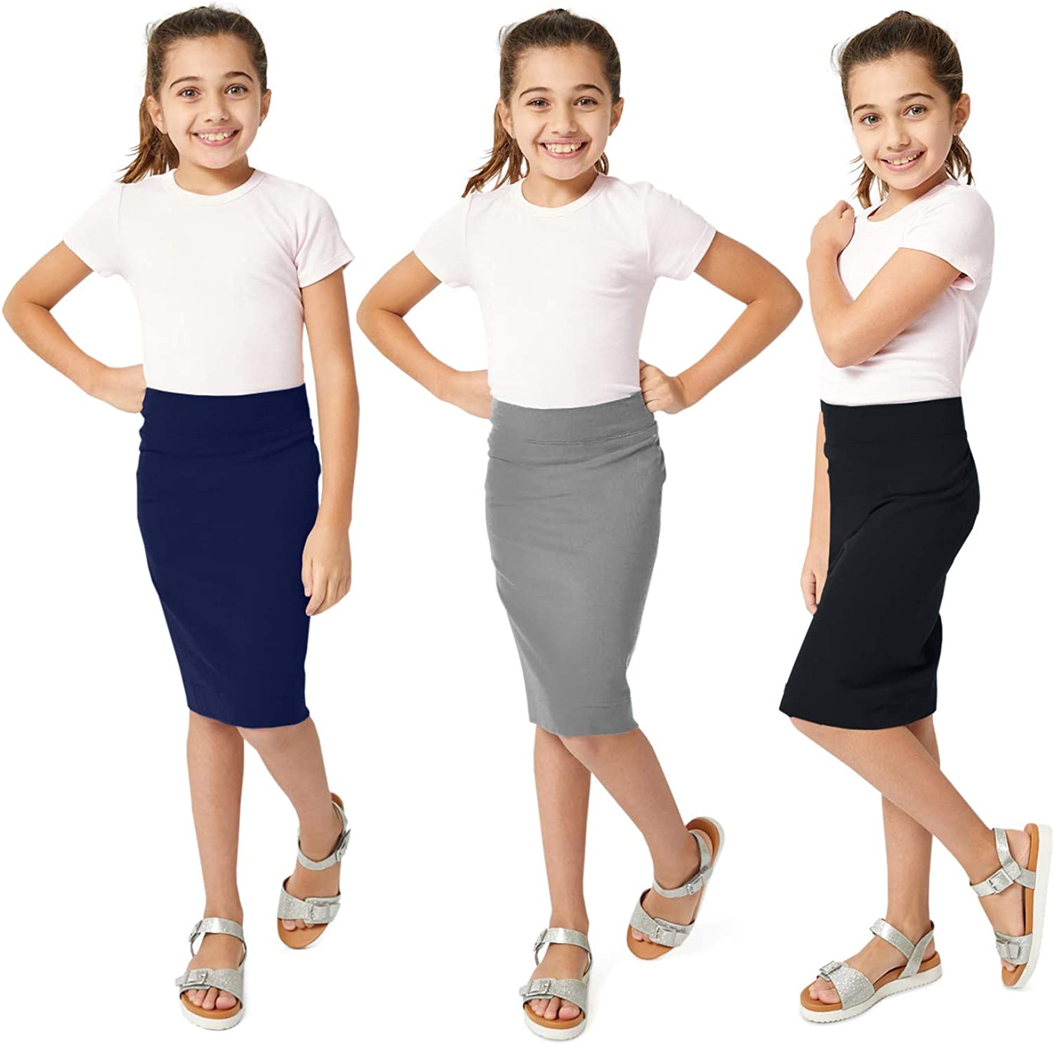 KIDPIK 3-Pack Pencil Skirts - Knee Length Skirt for Girls 4 Years & Up - Comfy Modest Clothing - 3 Colors/Set