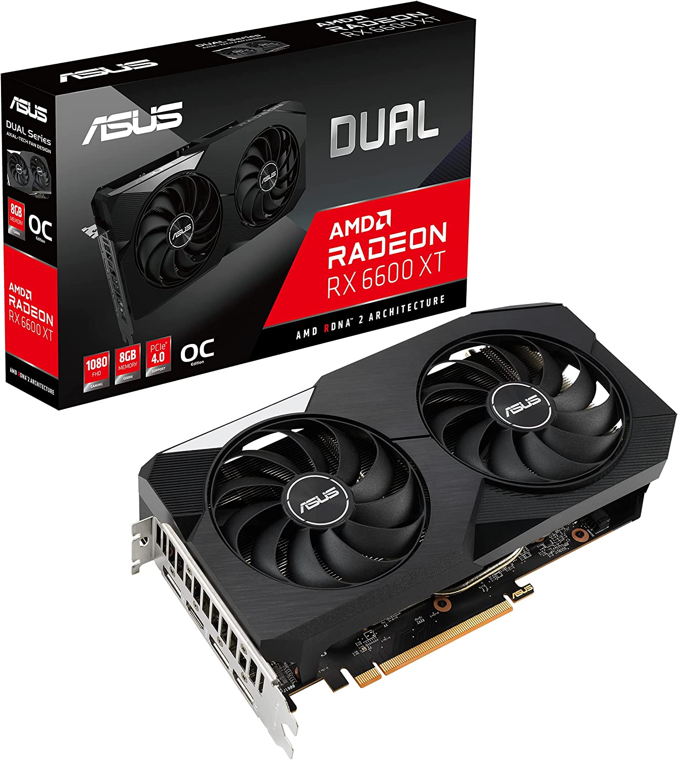 ASUS Dual AMD Radeon RX 6600 XT OC Edition 8GB GDDR6 Gaming Graphics Card (AMD RDNA 2, PCIe 4.0, 8GB GDDR6 Memory, HDMI 2.1, DisplayPort 1.4a, Axial-tech Fan Design, 0dB Technology)