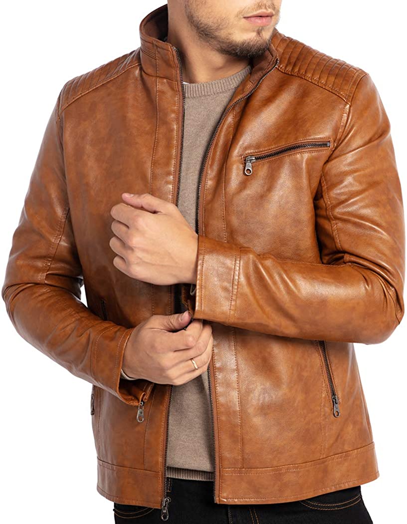 WULFUL Men's Stand Collar Leather Jacket Motorcycle Lightweight Faux Leather Outwear