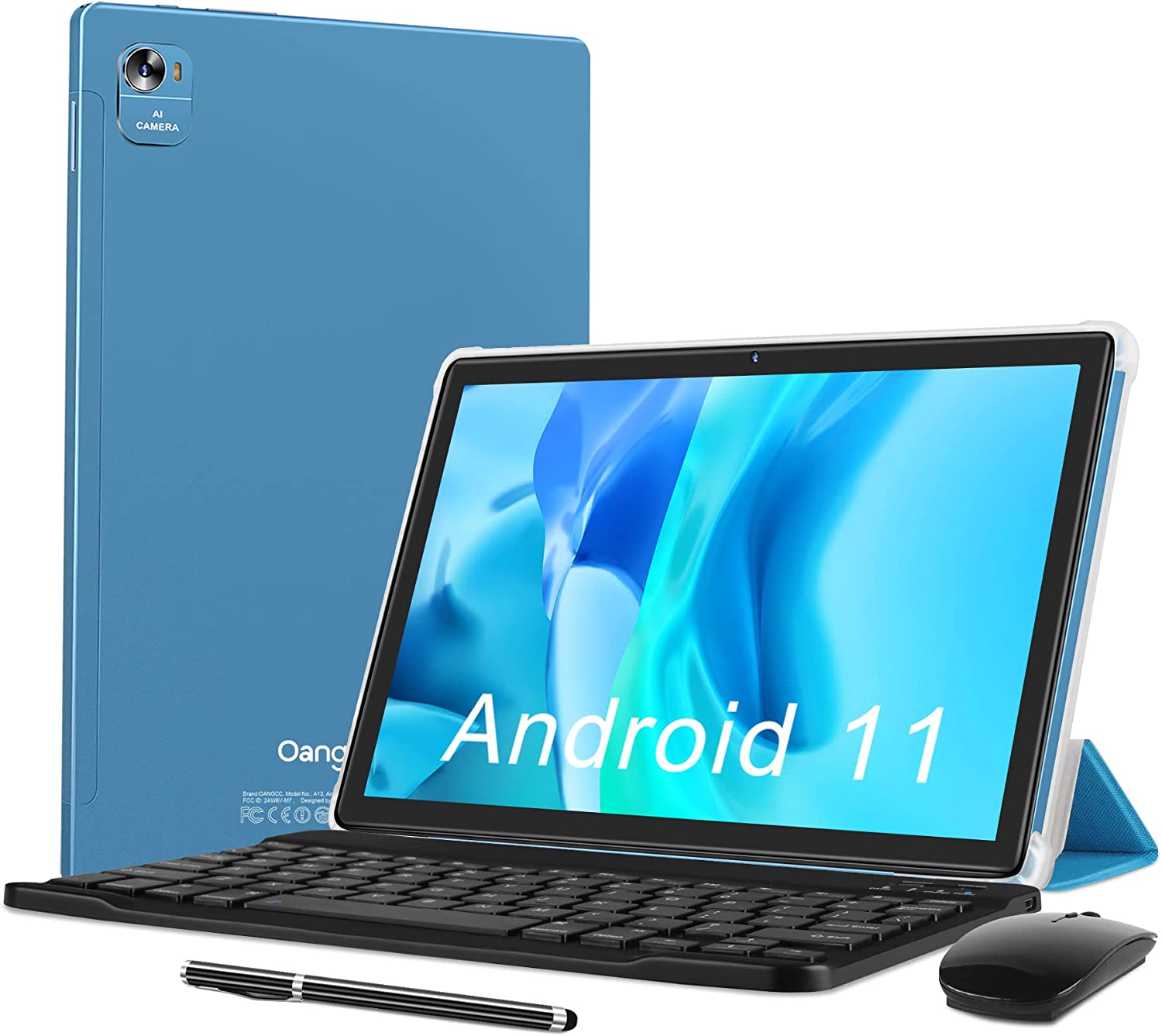 Oangcc 10.1" Android 11 Tablet, 2 in 1 Tablet 4GB RAM 64GB ROM (Up to 128G) Dual Camera Computer Tablet PC with Bluetooth Keyboard | Wireless Mouse | Stylus | Case | and More - Black