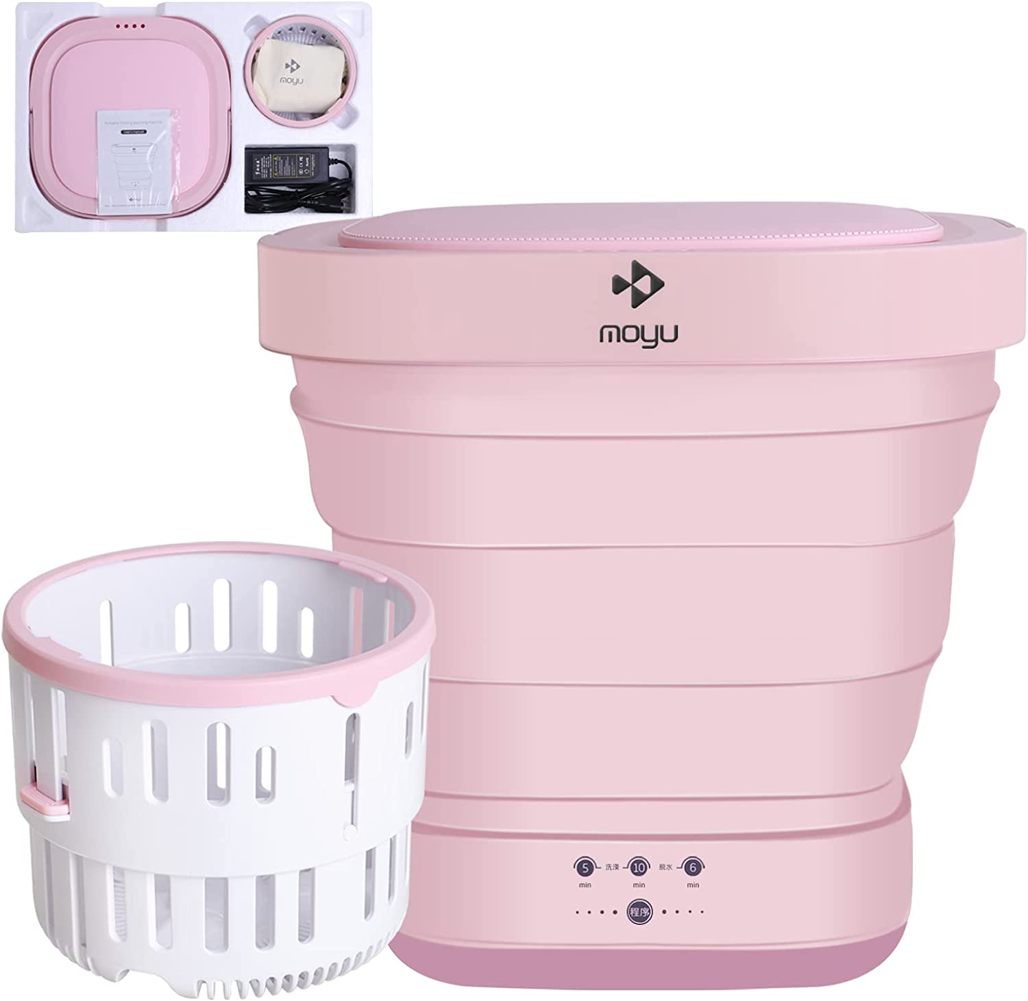 Portable Washing Machine Mini Washer with Drain Basket, Foldable Small Washer for Underwear, Socks, Baby Clothes, Towels, Delicate Items (Pink)
