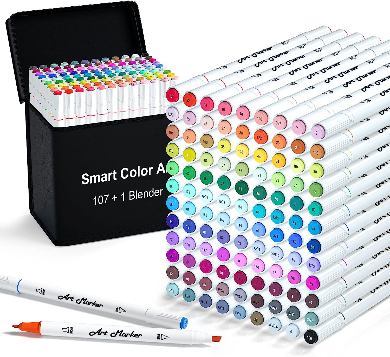 108 Pack Art Markers, 107 Coloring Markers and 1 Blender, Alcohol Based Dual Tip Permanent Markers Highlighters with Case, Excellent for Adults Kids Marking Drawing Sketching by Smart Color Art