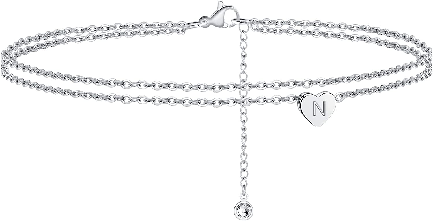 Turandoss Silver Heart Initial Ankle Bracelets for Women, 14K White Gold Filled Handmade Dainty Layered Silver Anklet Letter Initial Heart Ankle Bracelets for Women Silver Summer Foot Beach Jewelry