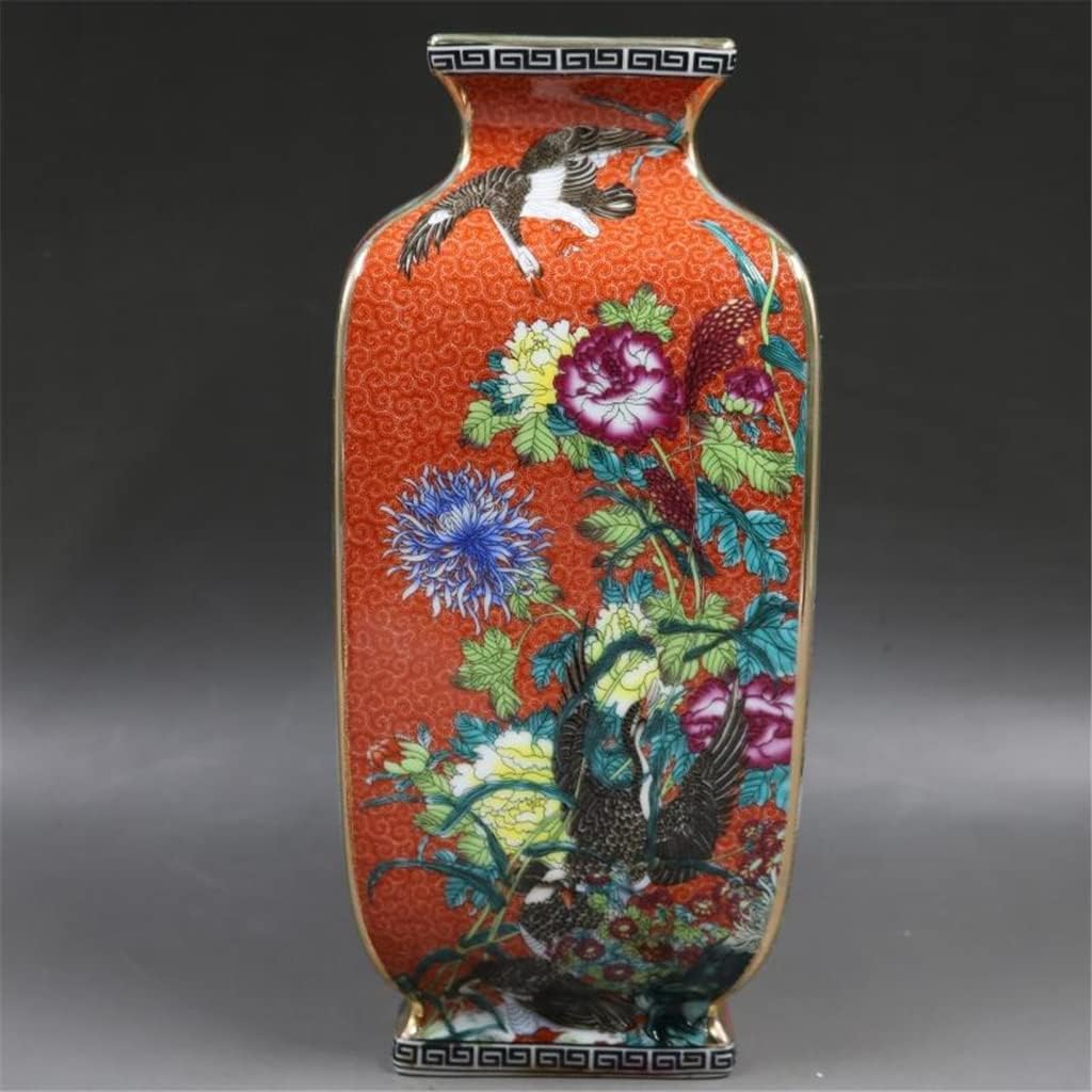 ZSEDP Orange Antique Porcelain Collection of Enamel Colored Flower and Bird Square Antique Porcelain