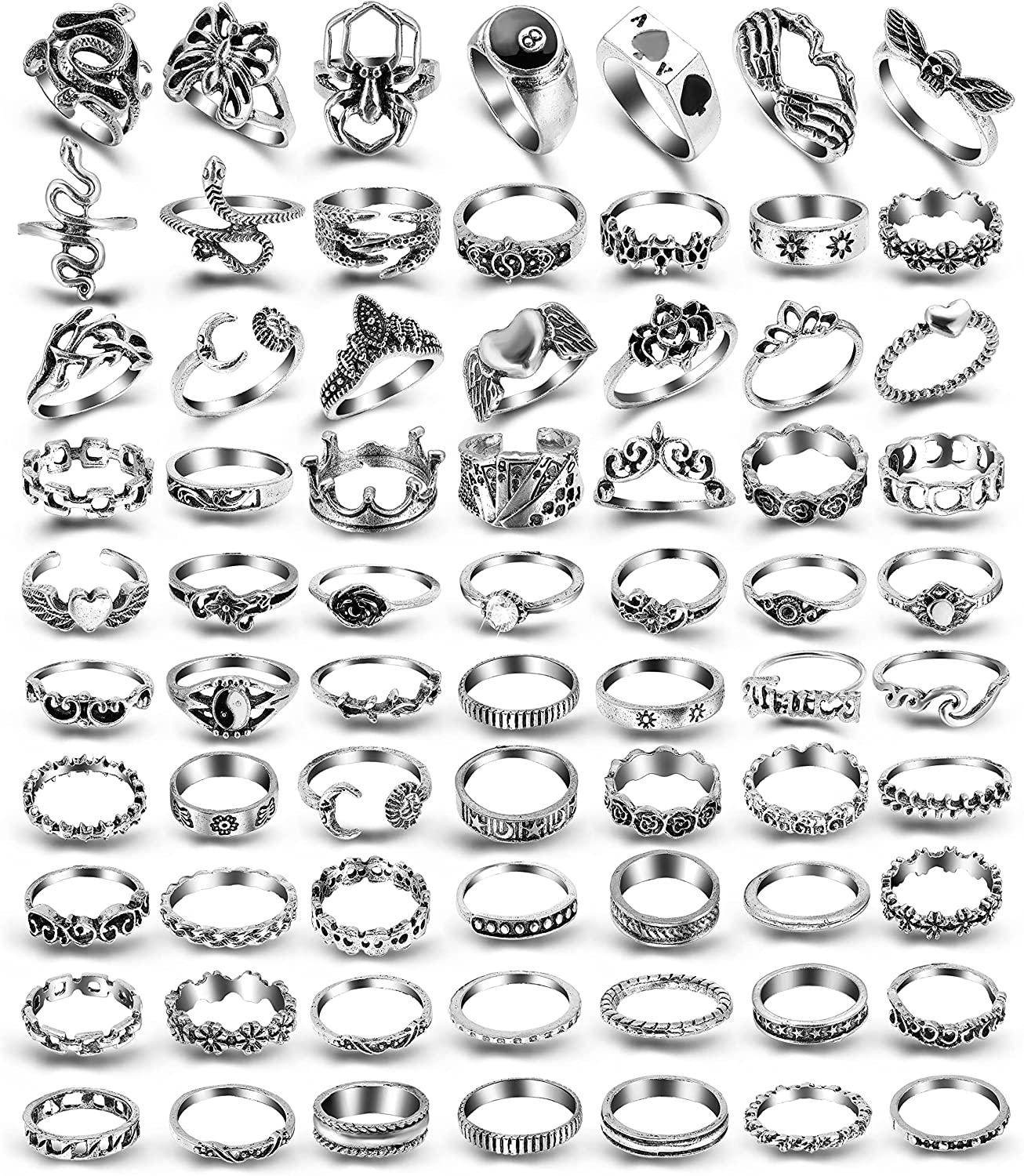 ShowAgain Silver Vintage Goth Punk Rings Set for Men Girls Women, Cool Gothic Ring Pack, Trendy Stackable Boho Chunky Knuckle Emo Full Finger Rings, Adjustable Open Snake Butterfly Ace Eboy Y2k Ring
