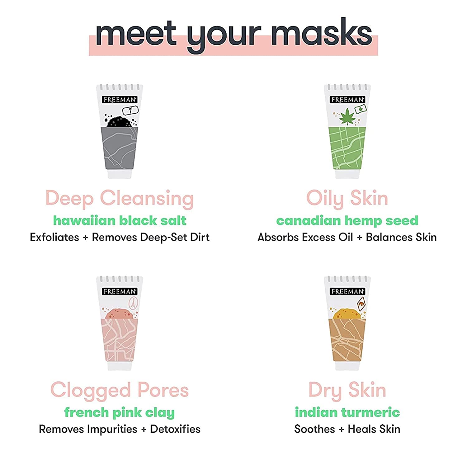 FREEMAN Exotic Blends Face Mask Variety Set with Clay， Peel-Off， Gel， &amp; Cream Facial Masks， Skincare for Women， Face Mask Essentials Kit， Hydrating， Soothing， &amp; Purifying， 4 Count Tubes