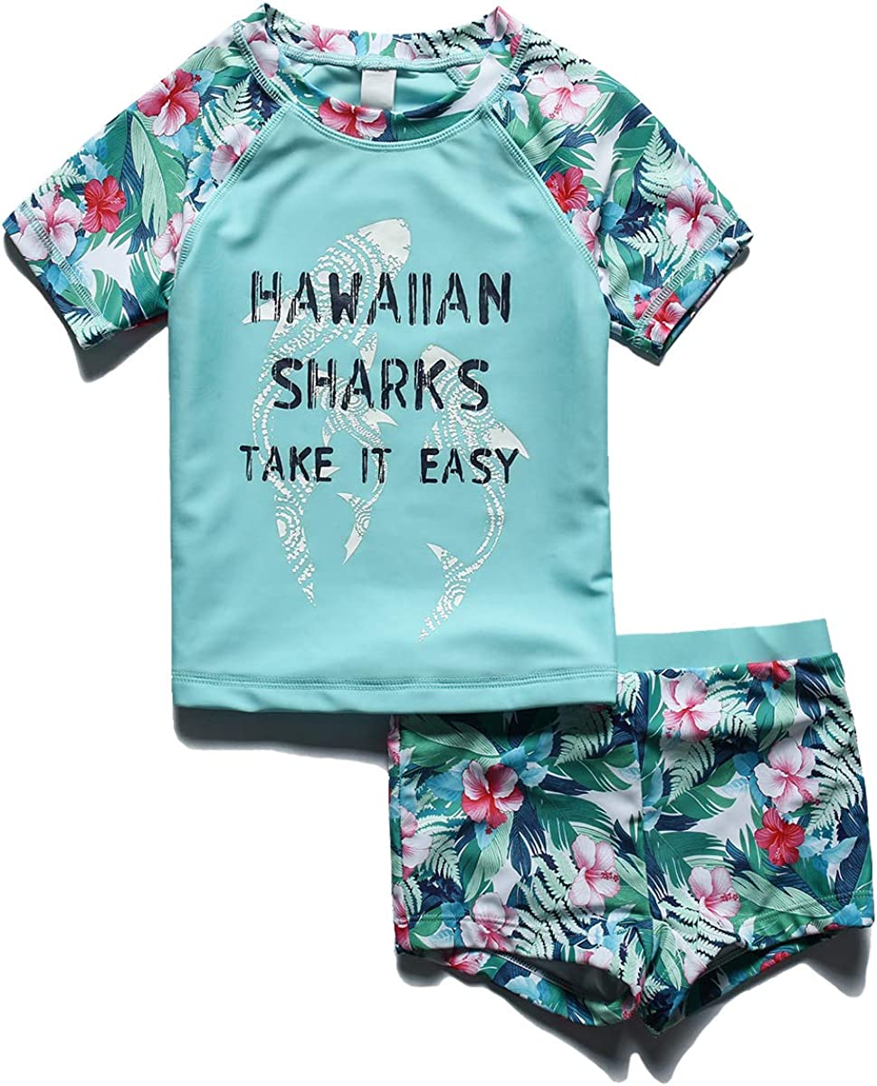 PHIBEE Girls' Short Sleeve Rash Guard Set UPF 50+ Sun Protection Two-Piece Swimwear