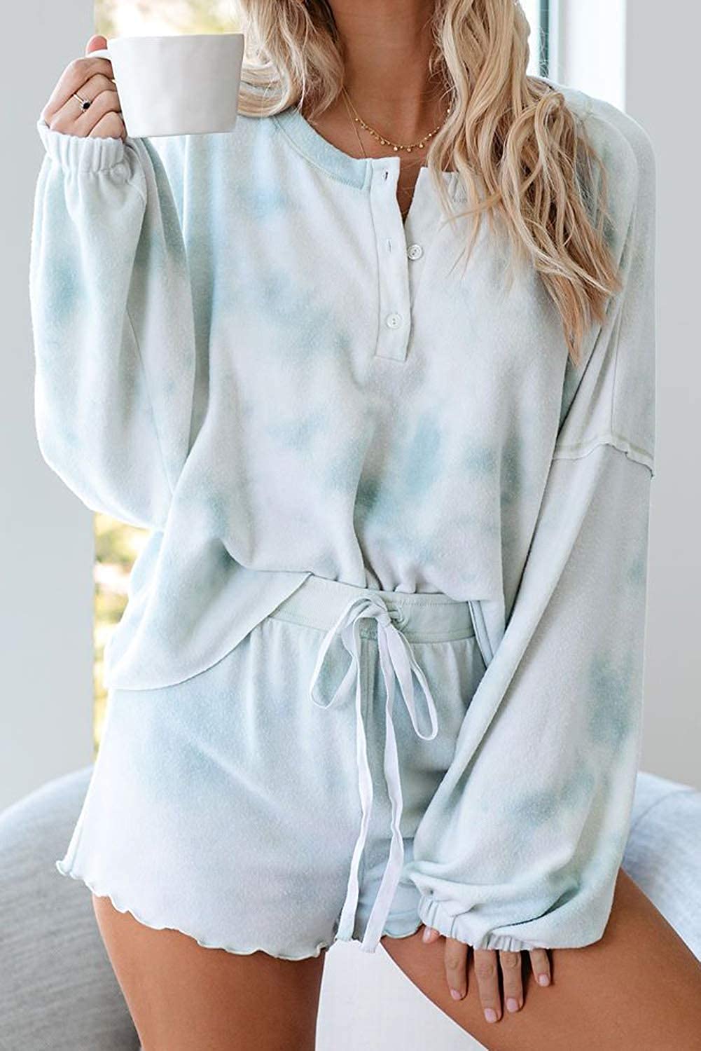 T1FE 1SFE Women's Tie-Dye Pajamas Lounge Sets Long-Sleeve Tops and Ruffle Shorts PJ Set Comfy Loungewear Sleepwear
