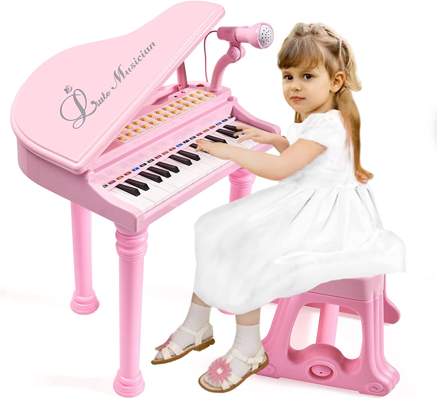 Conomus 31 Keys Piano Keyboard Toy for Kids, Birthday Gift for 1 2 Year Old Girls，Pink Musical Piano Toy for Toddlers with Microphone and Stool
