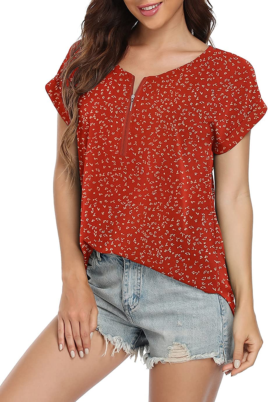 VIISHOW Women's Summer Casual Rolled Cuff Zip Half Placket Chiffon Short Sleeve Top Blouses