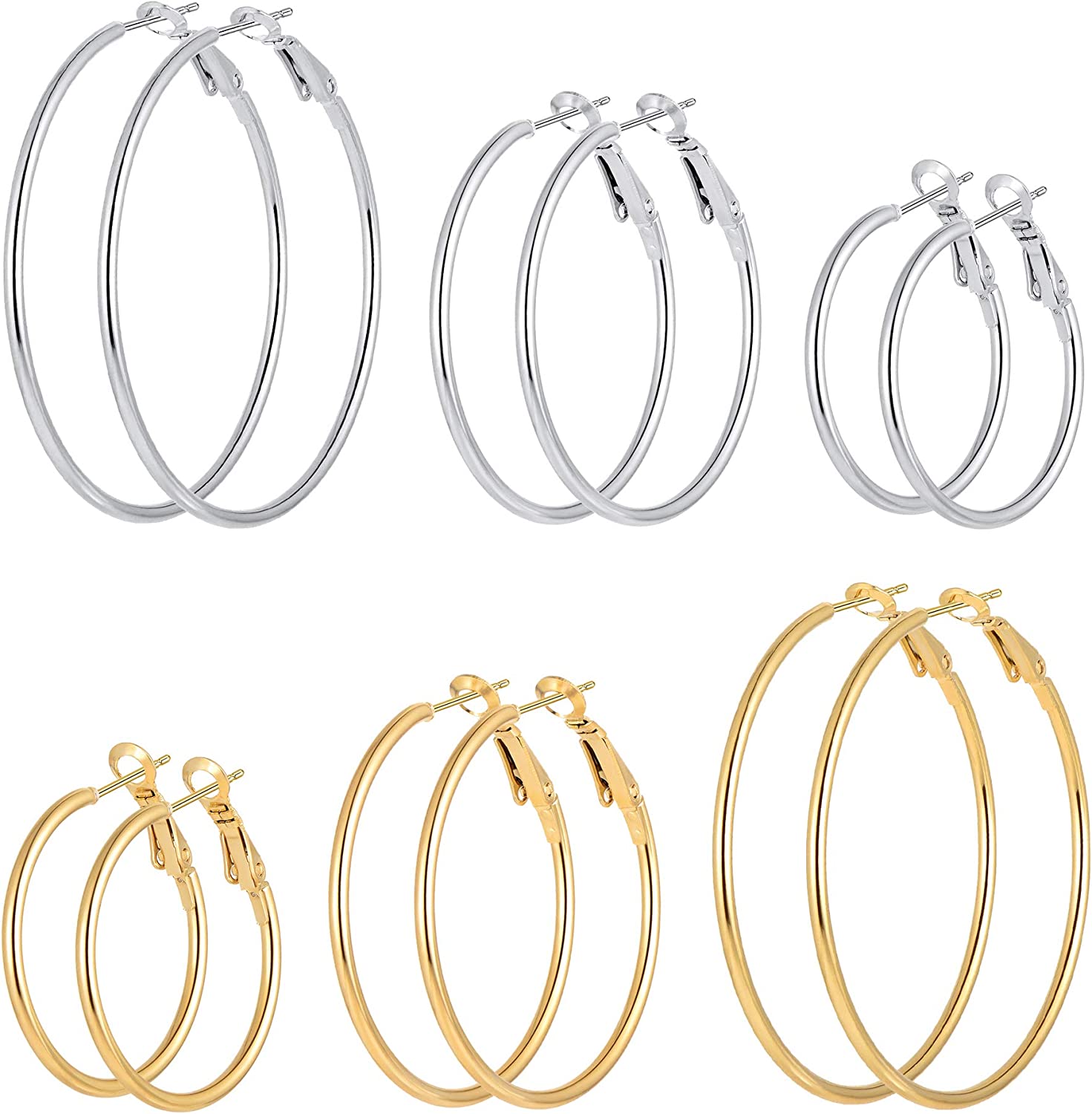 6 Pairs Stainless Steel gold silver Plated Hoop Earrings for Women Girls, Hypoallergenic Hoops Women's Earrings Loop Earrings Set (30.40.50mm)