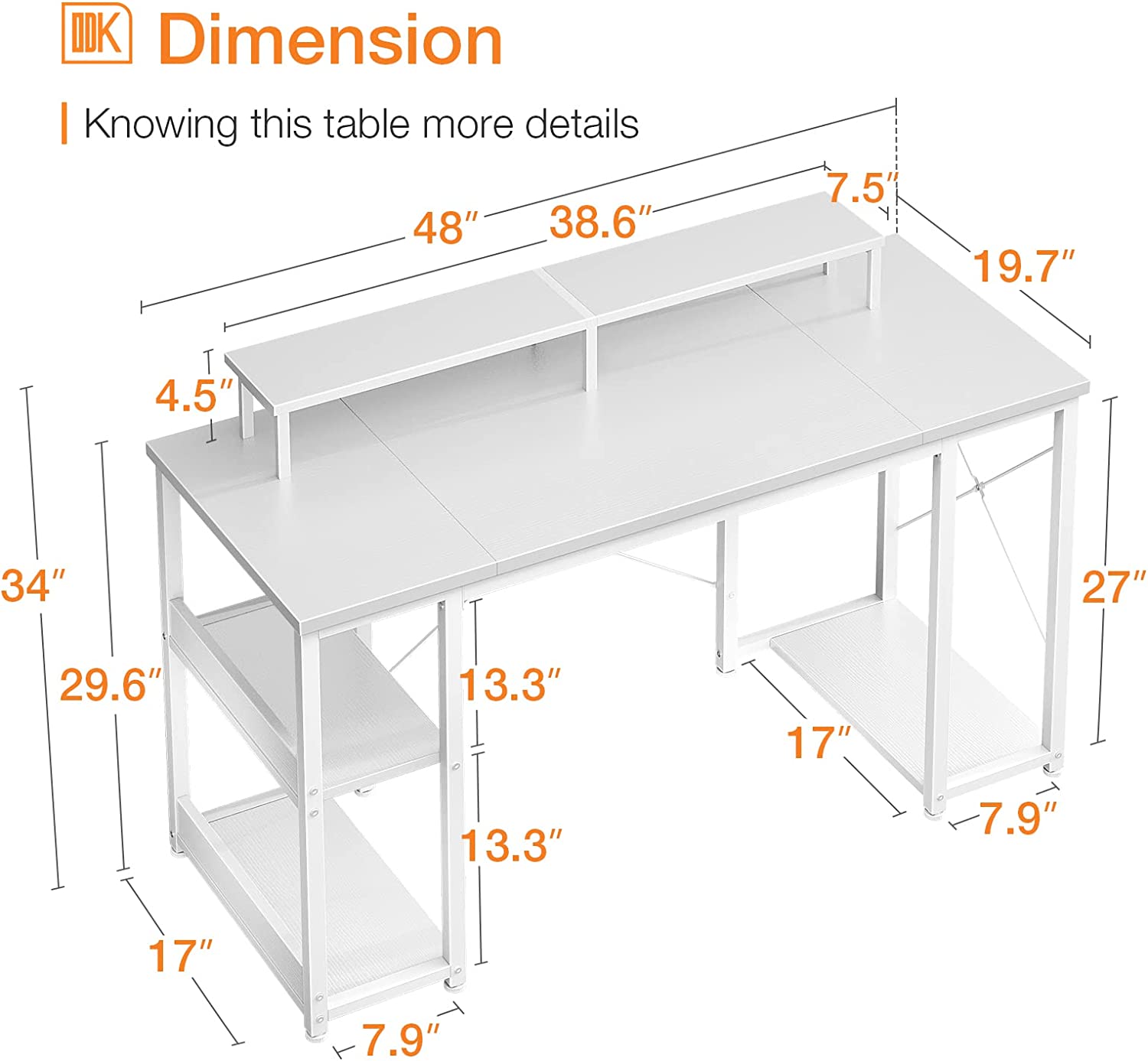 ODK 48 inch Computer Desk with Monitor Shelf and Storage Shelves, Writing Desk, Study Table with CPU Stand & Reversible Shelves, White