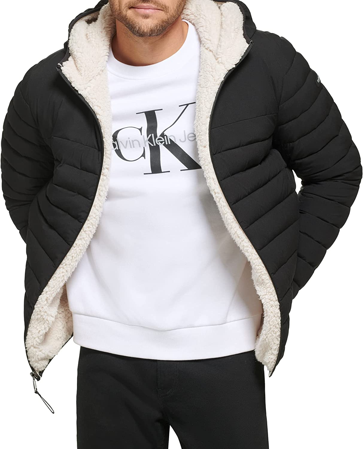 Calvin Klein Men's Hooded Down Jacket Quilted Coat Sherpa Lined