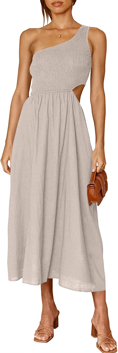 ANRABESS Women's Summer Sleeveless Smocked One Shoulder Cutout Sundress Flowy A-Line Beach Long Maxi Dress