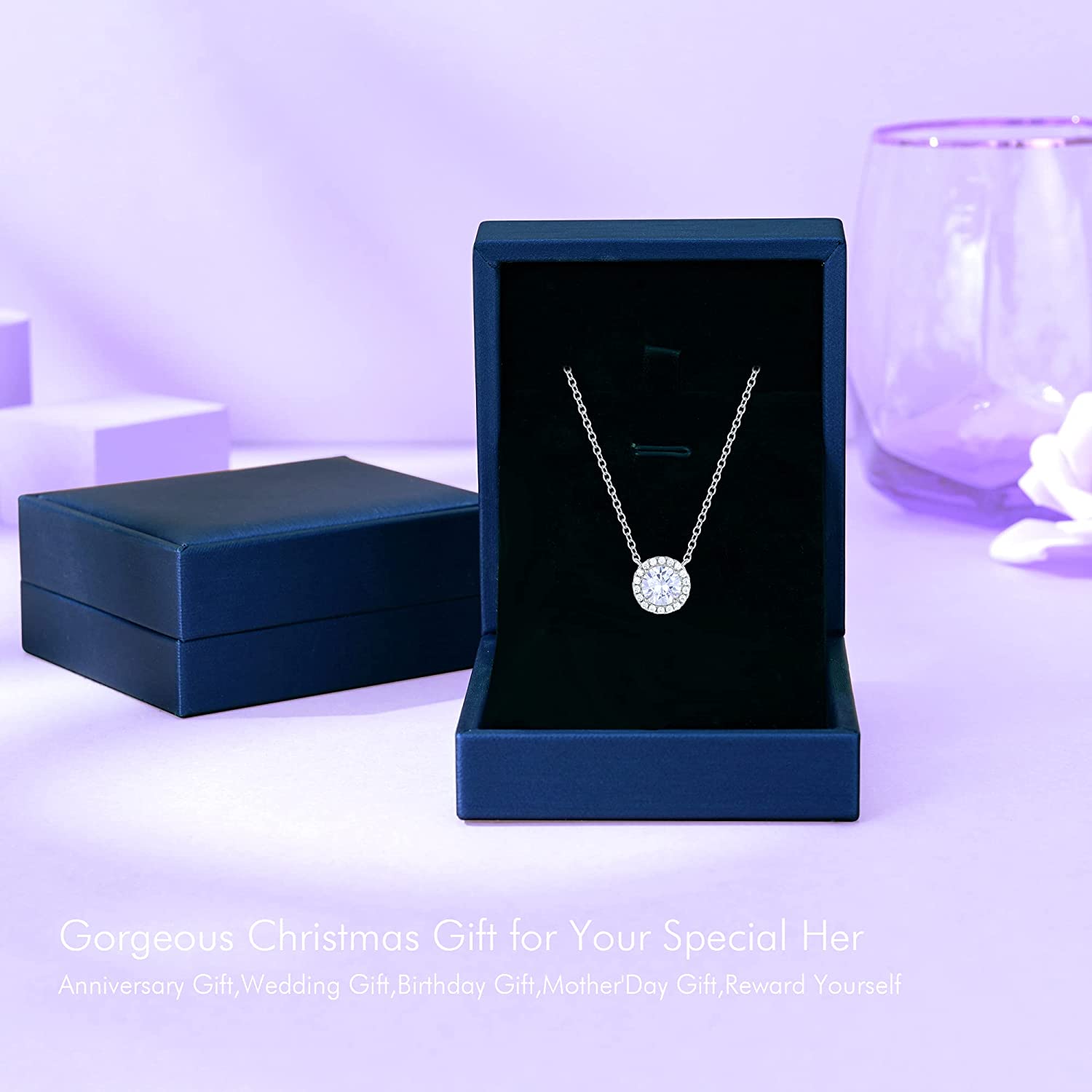 Gloffery 925 Sterling Silver Birthstone Round Solitaire Pendant Dainty Halo Necklaces for Women， Anniversary Valentine&#39;s Day Birthday Mother&#39;s Jewelry Gifts for Girls Women Wife Mom Girlfriend