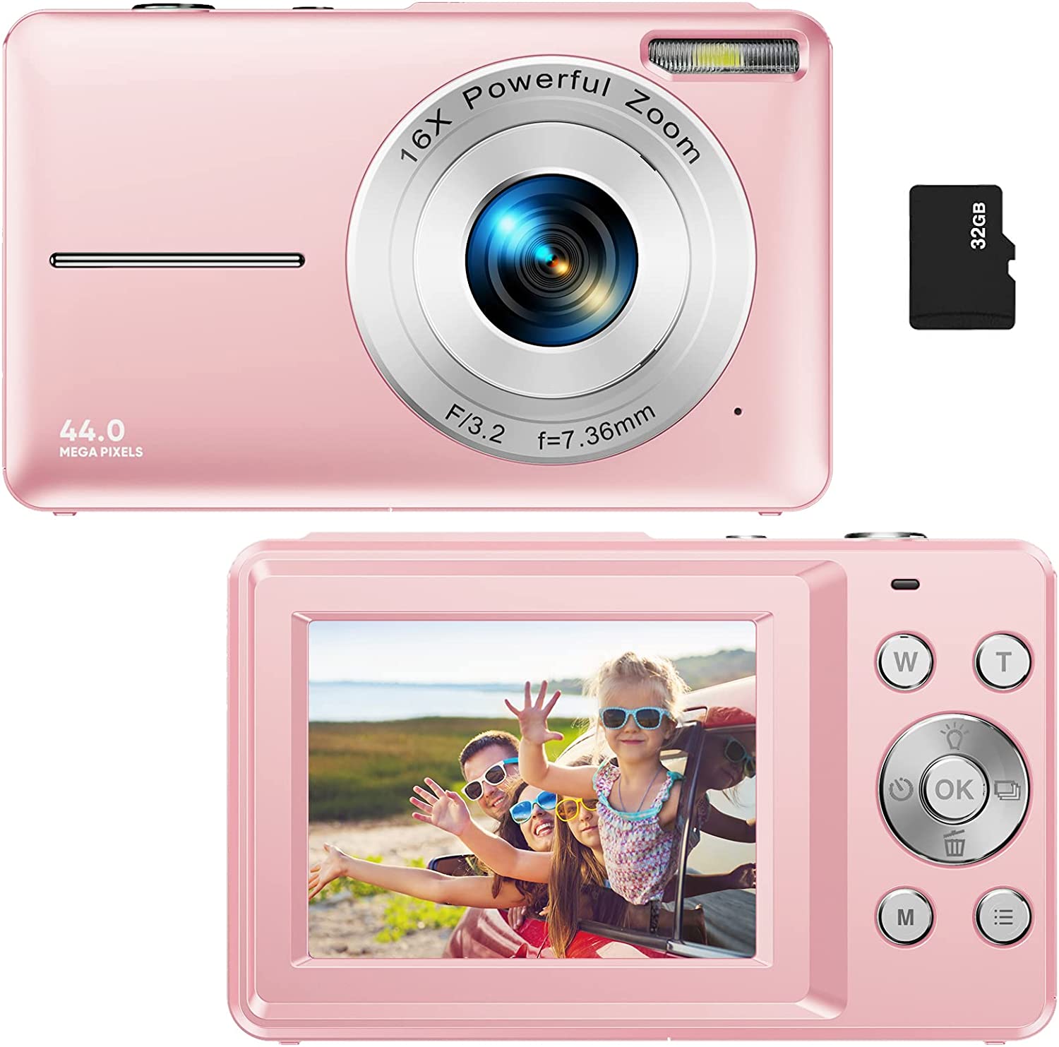 Digital Camera, Kids Camera with 32GB Card FHD 1080P 44MP Vlogging Camera with LCD Screen 16X Zoom Compact Portable Mini Rechargeable Camera Gifts for Students Teens Adults Girls Boys-Pink