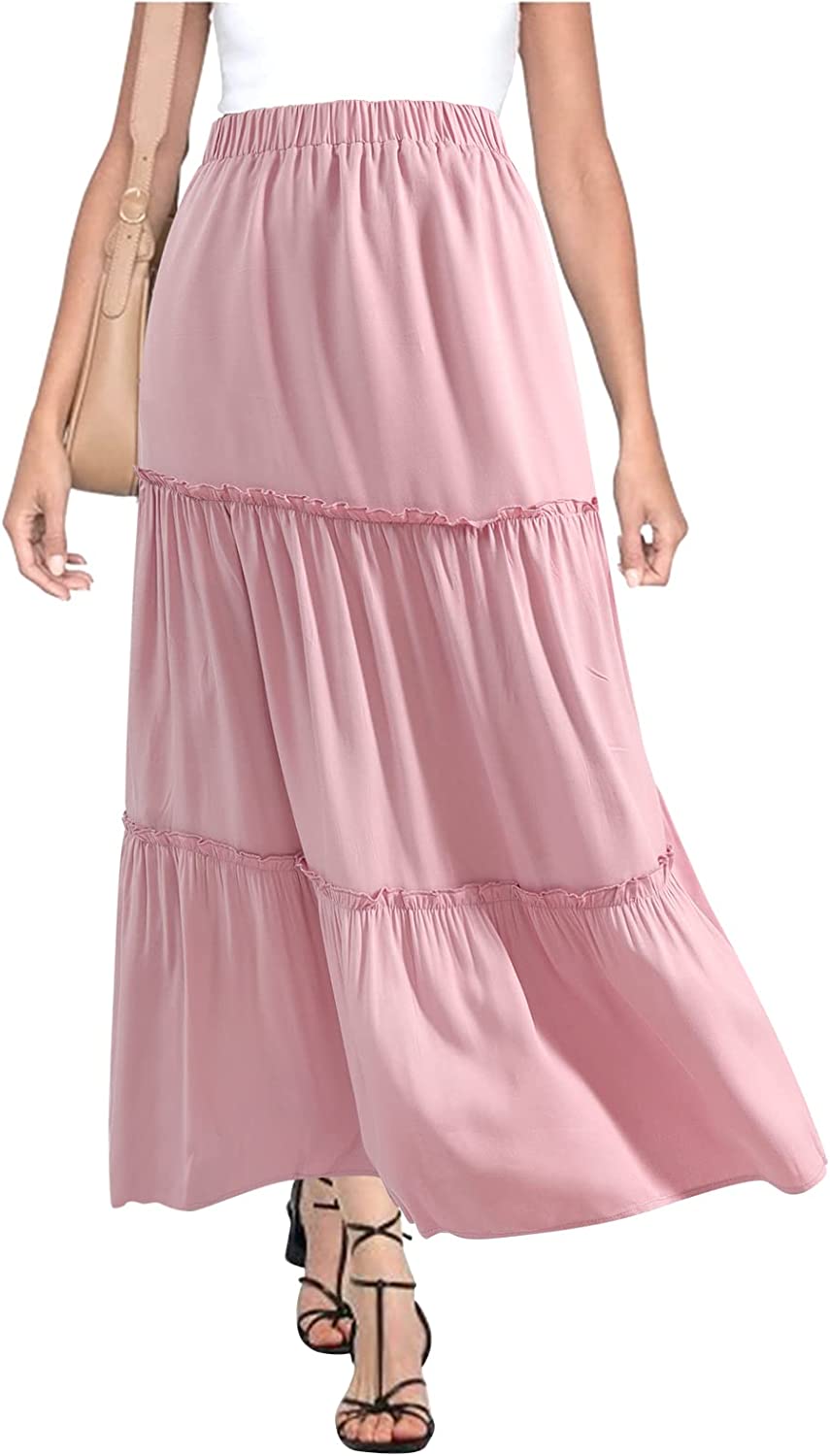 BOMAROLAN Women's Boho Maxi Skirts Summer A Line Long Skirts Ruffle Swing Beach Skirts for Women