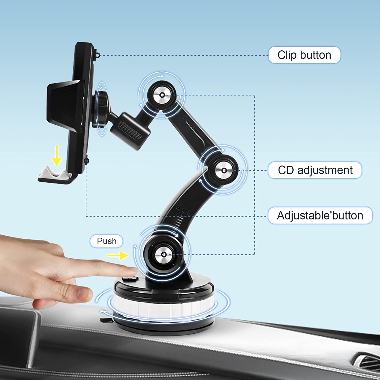 Cidsducac Phone Mount for Car, Dashboard & Windshield Universal Car Mount Phone Holder, Anti-Shake Stabilizer Cell Phone Holder Car Accessories for All Phones, Black