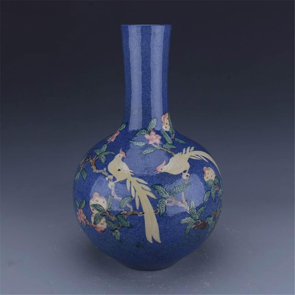 HOUKAI Antique Vase Traditional Chinese Style Blue Ceramic Snowflake Bird Flower Vase for Home Office Decoration