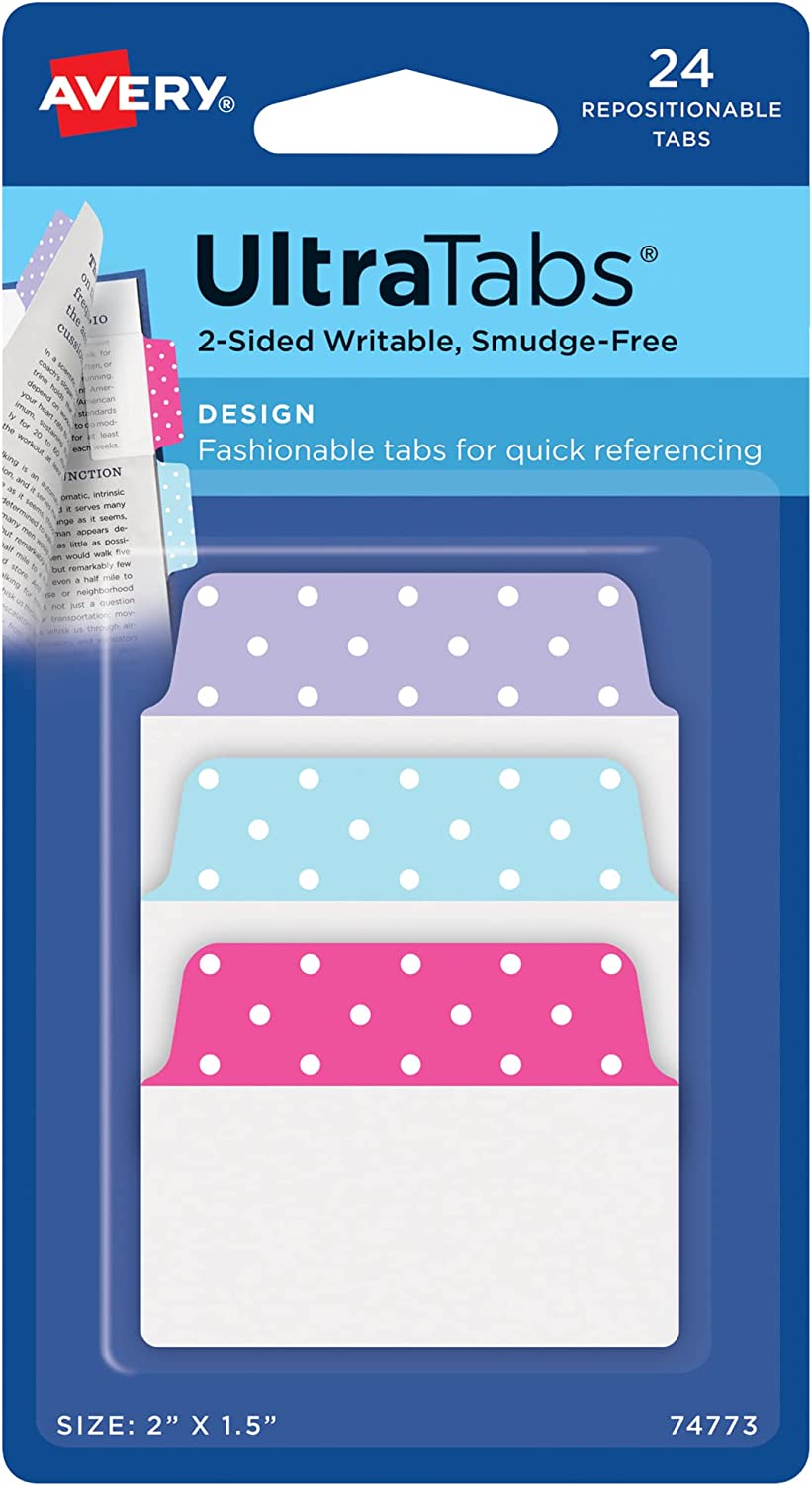 Avery Multiuse Ultra Tabs, 2" x 1.5", 2-Side Writable, Assorted Pastel Dots, 24 Repositionable Tabs (74773)
