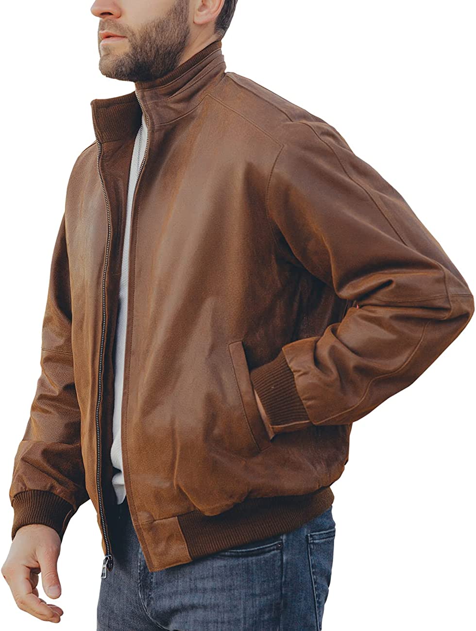 FLAVOR Men's Real Leather Bomber Casual Jacket