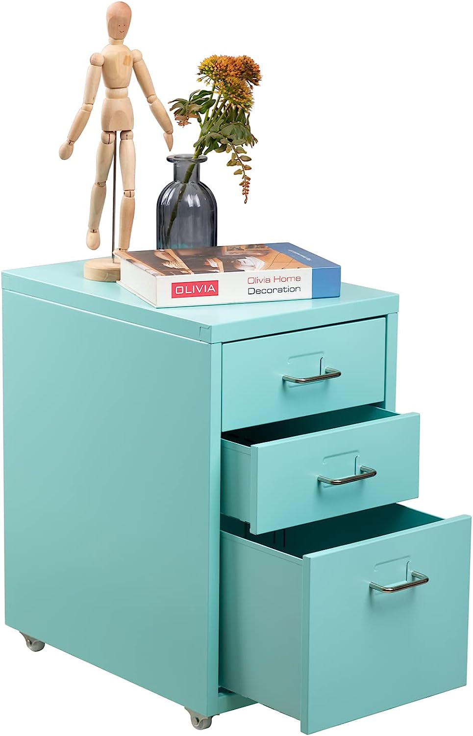 HollyHOME 3-Drawer Mobile Classification Storage Cabinet, Under Desk Mini File Cabinet, Metal Storage Cabinet with Casters for Home and Office, Blue