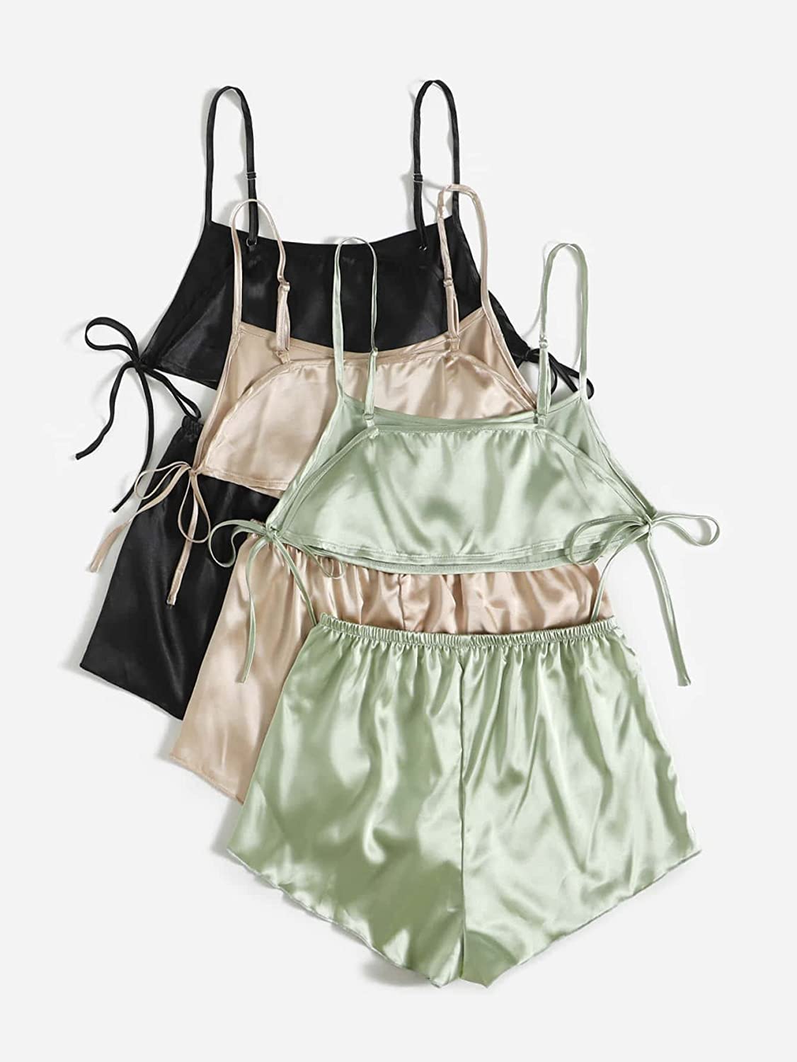 SheIn Women's 3 Sets Tie Side Satin Lounge Set Sleeveless Crop Cami and Elastic Waist Shorts Sleepwear Pajama Set
