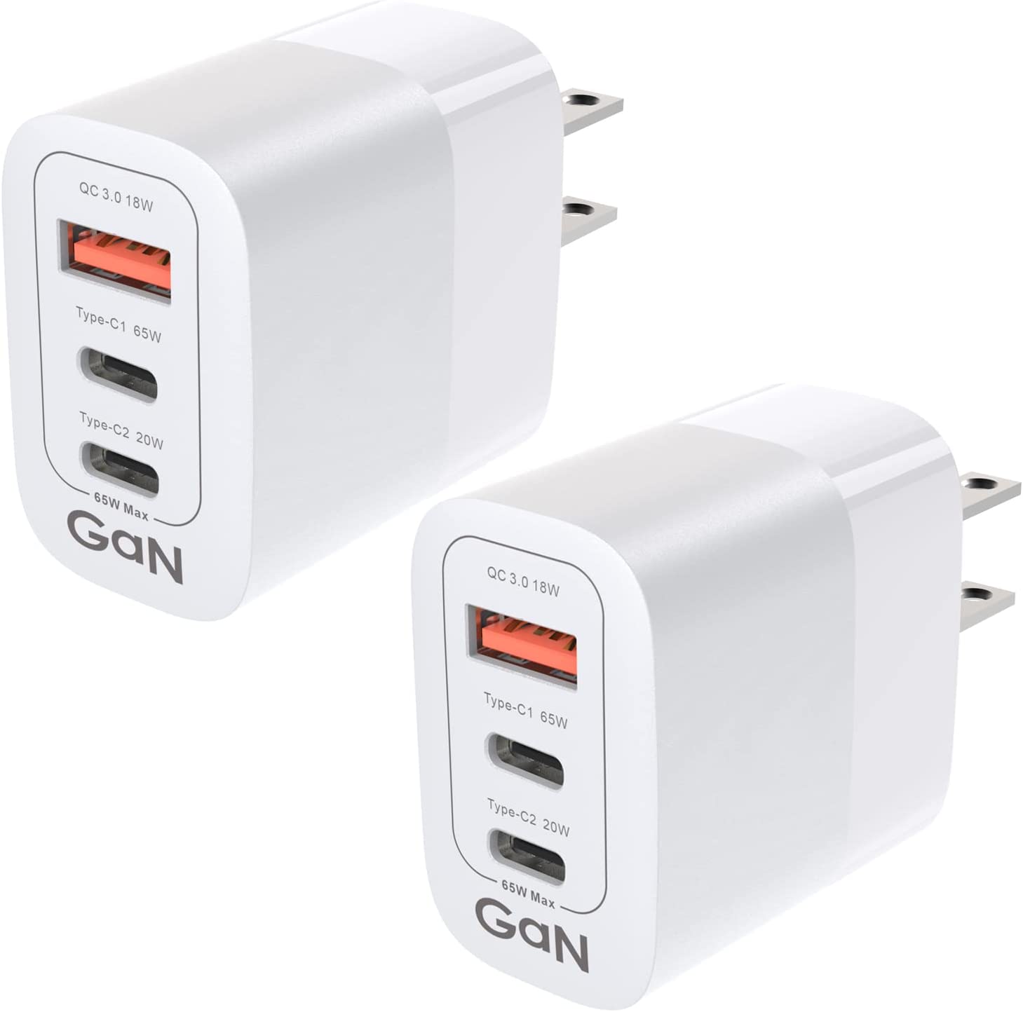 USB C Charger 65W[2 Pack], Gan iPhone Fast Charger PD +QC 3.0/PPS with 3-Port Mini Type C Adapter Compatible for iPhone 14/14 Pro Max/14 Plus/13/12/11, MacBook Pro, iPad Pro, Apple Watch,Samsung