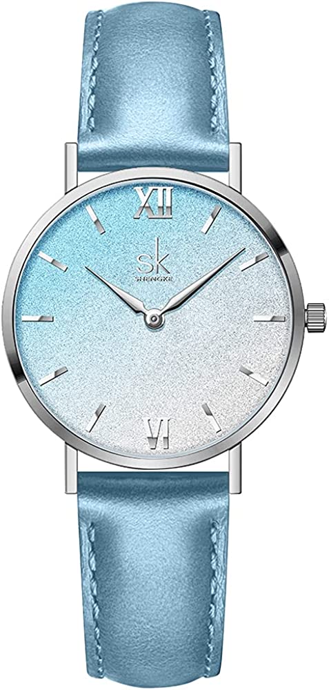 SHENGKE SK Ultra Thin Minialist Creative Starry Sky Women Watch with Genuine Leather Stainless Steel Mesh Band Floral Watch