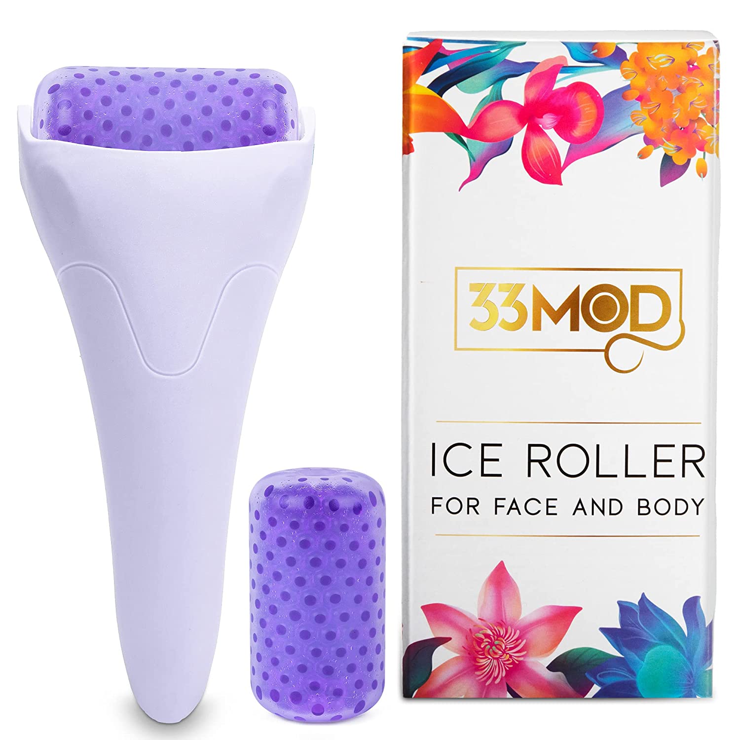 Ice Roller for Face and Eyes (2 premium roller heads included)- Face Ice Roller Massager to Reduce Puffiness around eyes and face, Migraine Pain, Wrinkles. Women's Gift idea. (Purple)