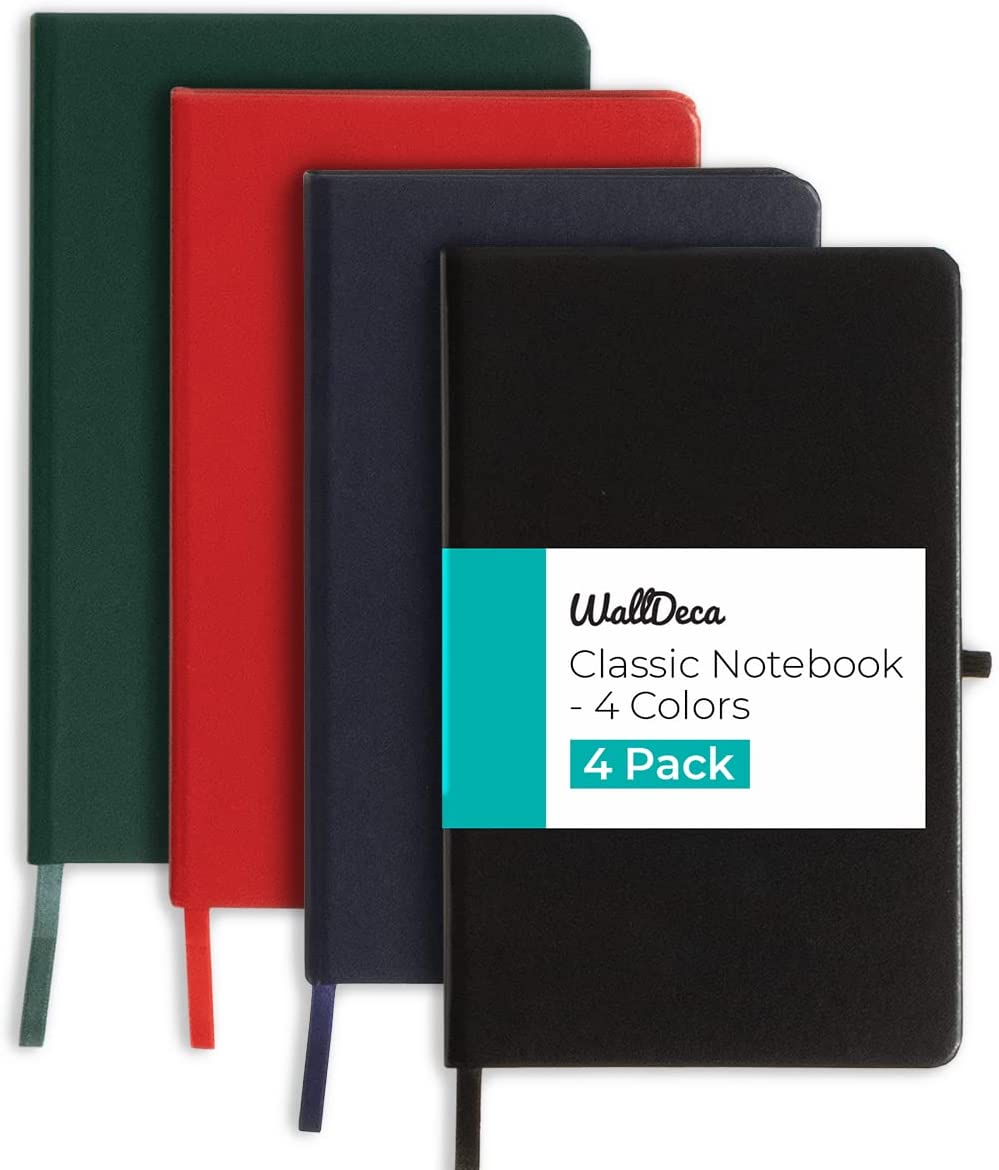 WallDeca Lined Journal Notebooks 4 Pack | Hard Cover, 240 Pages, College Ruled 8.25 x 5 inches, Ivory 80 GSM Paper | School, Business, College, Notes, Journaling (4-Pack)