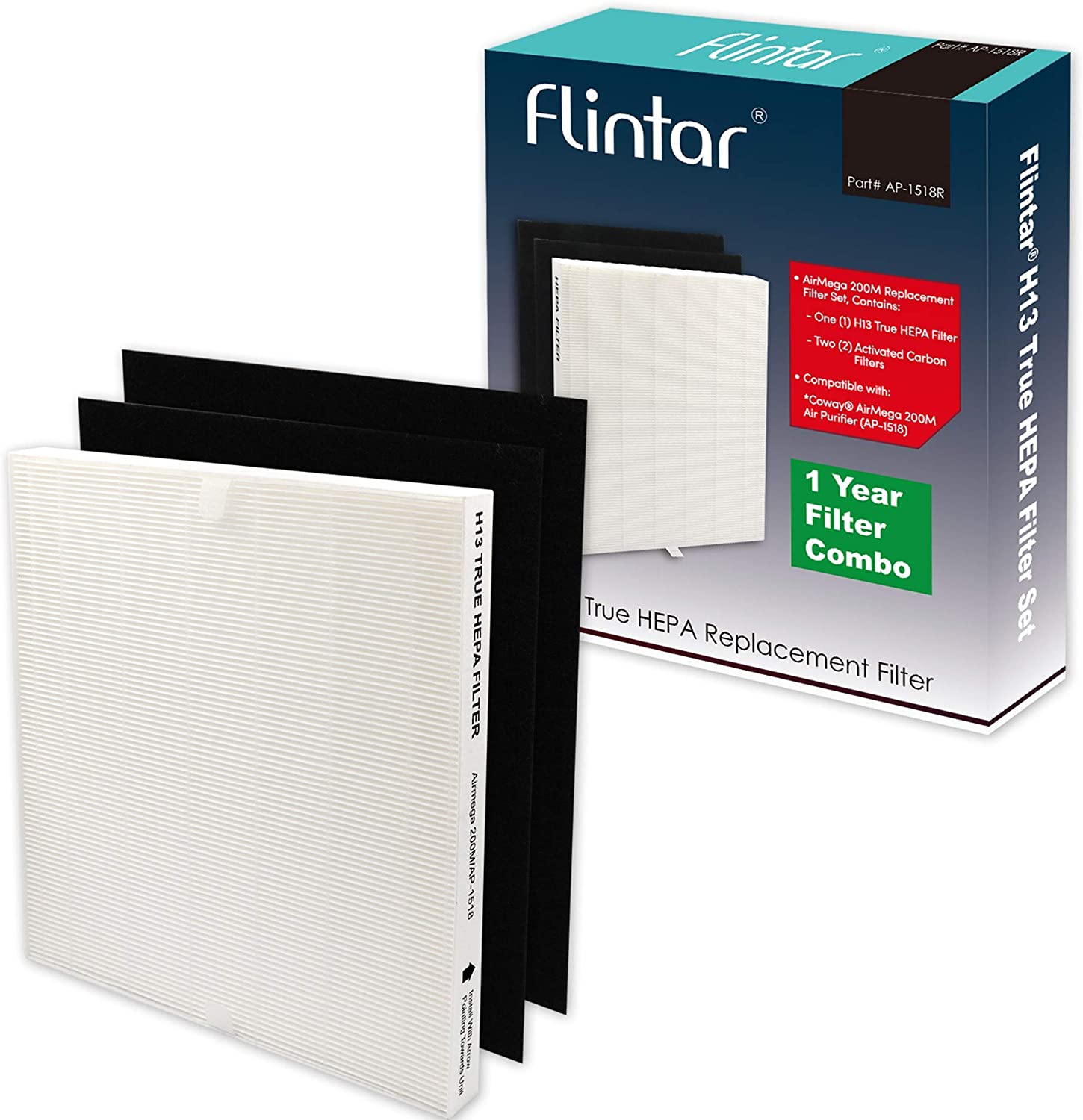 Flintar H13 True HEPA Replacement Filters, Compatible with Coway Air Purifier AP-1512HH and Airmega 200M, H13 Grade True HEPA and 2 Activated Carbon Filters (1-Pack)