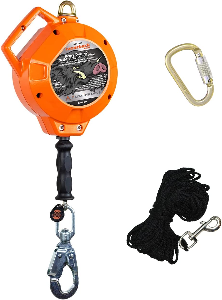 Malta Dynamics Razorback 20' Heavy-Duty Self Retracting Lifeline, Quick-Action Braking System, Galvanized YoYo Cable, Fall Protection Retractable Safety Harness Lanyard - OSHA/ANSI Compliant