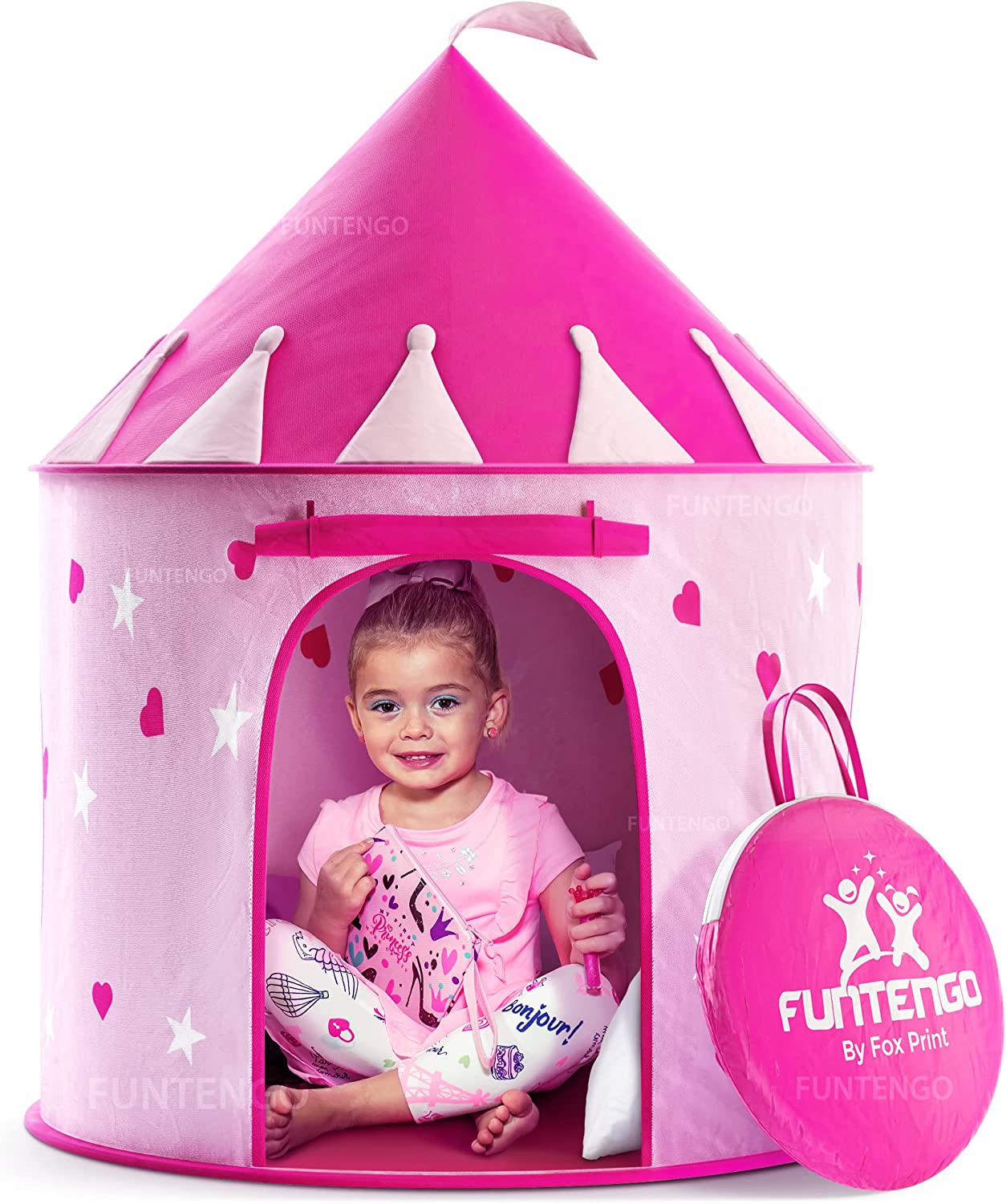 FoxPrint Princess Castle Play Tent with Glow In The Dark Stars, Conveniently Folds in To A Carrying Case, Your Kids Will Enjoy This Foldable Pop Up Pink Play Tent/House Toy for Indoor & Outdoor Use