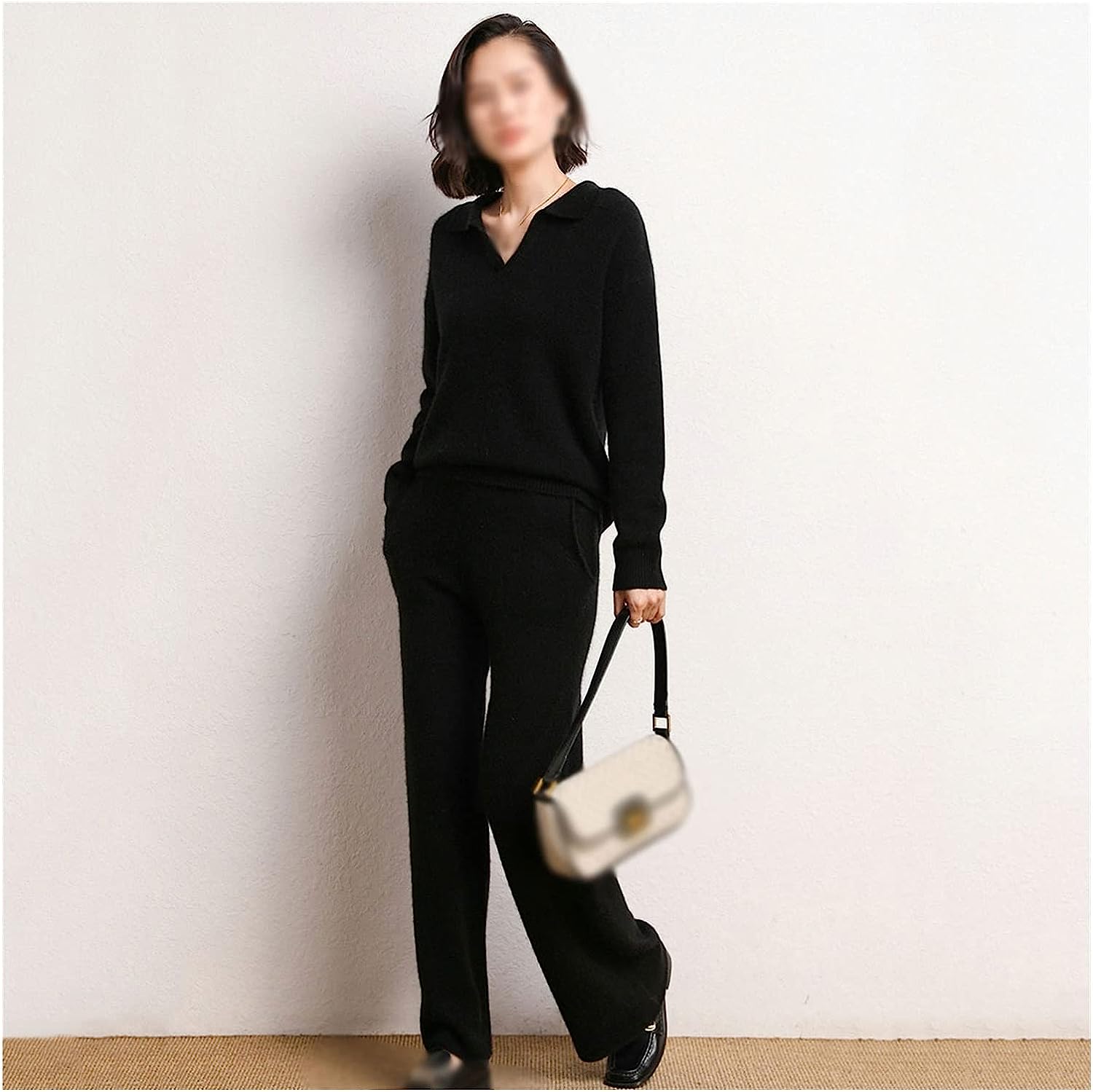 Walnut Cashmere Sweater Women Polo V Neck Set Knitting Loose Casual Wide Leg Pants Thickened Sweater Two-Piece Set (Color : D, Size : L Code)