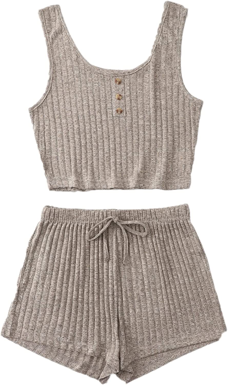 SheIn Women's 2 Piece Sleeveless Button Crop Tank Tops and Shorts Lounge Set
