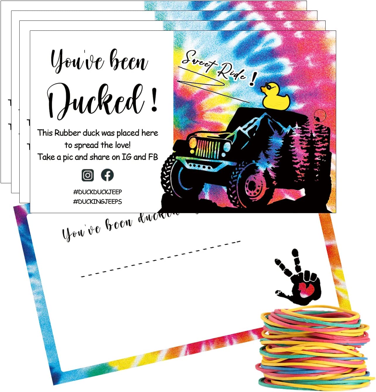 You've Been Ducked - Sweet Ride, Duck Tags, Duck Game Card, 50 Cards, 50 Rubber Bands, 3.5 x 2" Business Card Size, with Round Hole,Tie Dyed Print Design