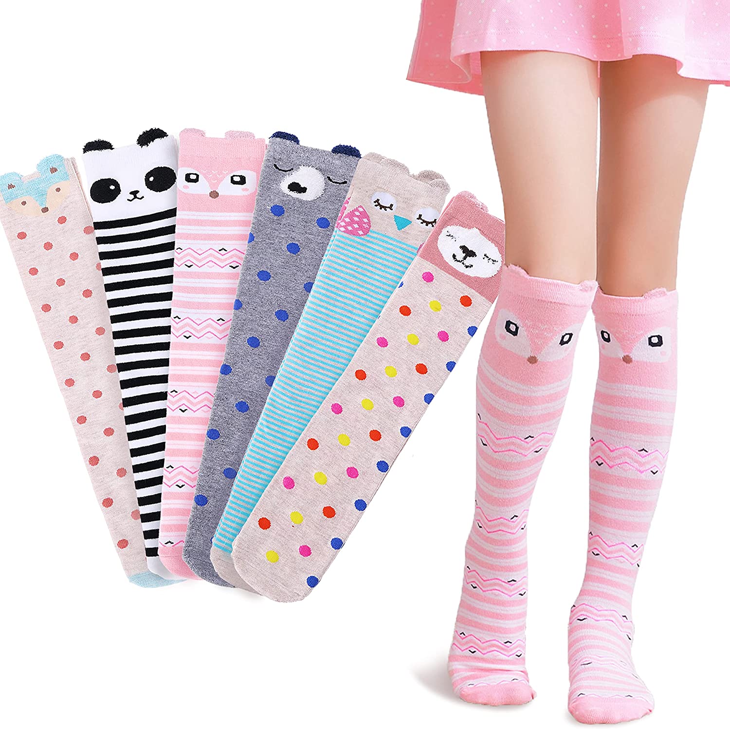 MOGGEI 6 Pairs Kids Girls Knee High Socks Gift Long Crazy Silly Tall Funny Boot Cute Animal Child Fun Socks