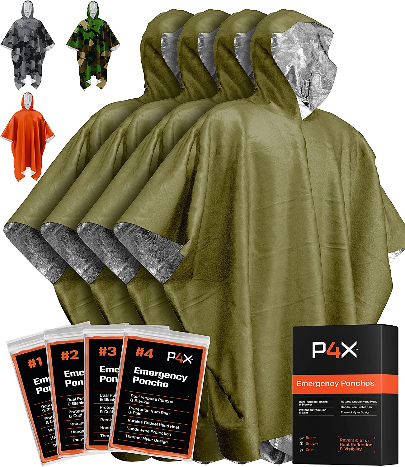 PREPARED4X Emergency Rain Poncho with Mylar Blanket Liner - Survival Blankets for Car - Heavy Duty, Waterproof Camping Gear, Tactical Prepper Supplies