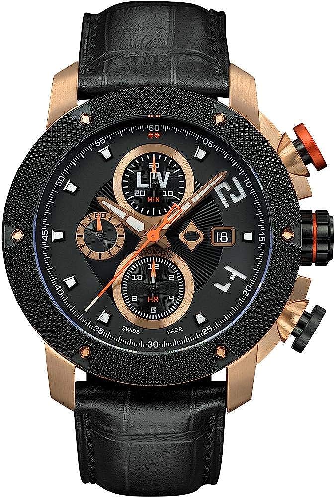 LIV GX-AC Swiss Automatic ETA 7750 26 Jewel Movement Chronograph 46mm 316L Case, 3D Multi-Layer Dial + Quickset Date - Rugged Classic Watch for Men - Skeleton Case-back - Sapphire Crystal - 330 FT Wat