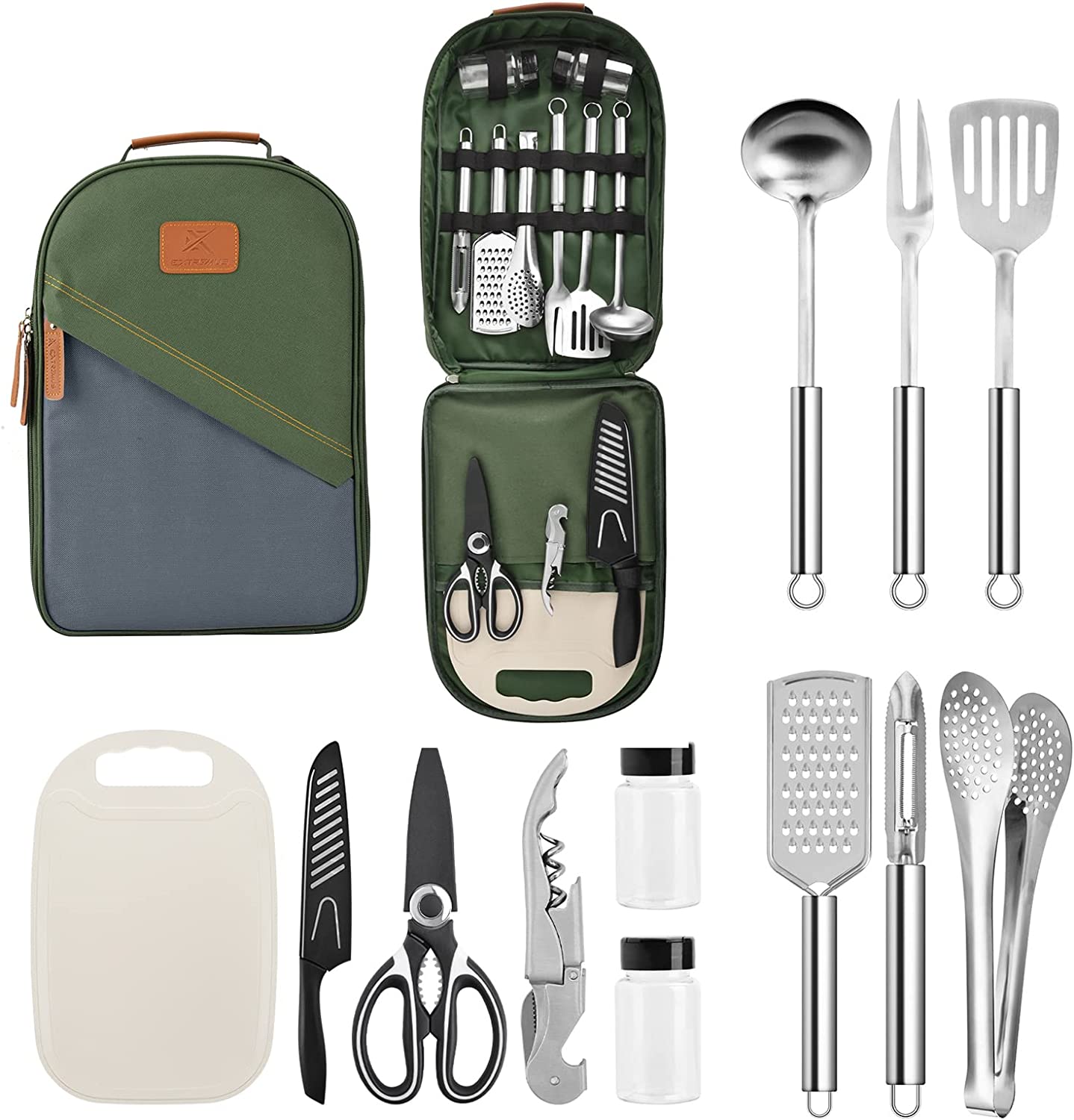 Extremus Camp Kitchen Cooking Utensil Set 13/27 Pcs Cookware Kit - Portable Outdoor Cooking and Grilling Utensil Organizer Travel Set for Backpacking BBQ Camping Travel，Camping Accessories