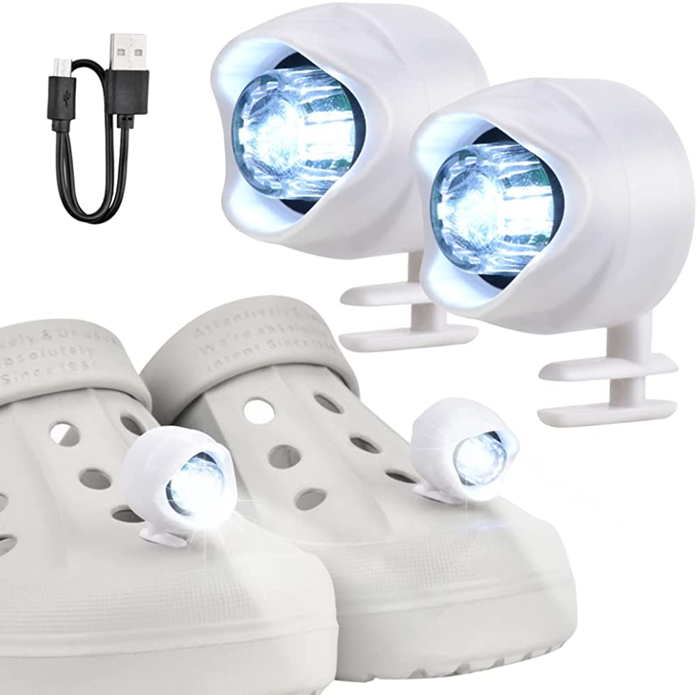 Croc Headlights， Croc Accessories， Rechargeable Headlights for Clog Shoe Lights， Bubble Slides Shoes Flashlight， Glow in The Dark Shoes Charm， Suitable for Adults Kids for Shoes(White)
