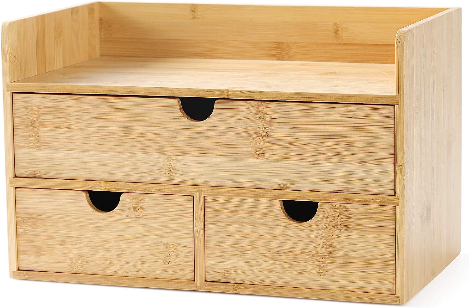 Wisuce 100% Original Bamboo Desk Organizer, Mini Bamboo Desk Drawer Tabletop Storage Organization Box for Office Home Toiletries Supplies Vanity, No Assembly Required (3 Drawer with Shelf)