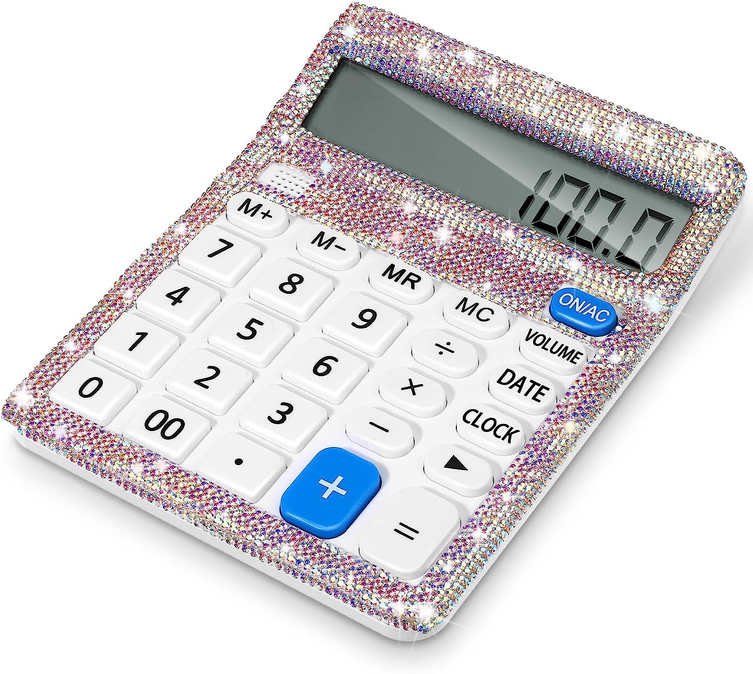 Stylish Bling Rhinestone Desktop Calculator 12 Digit Decorative Large LCD Display Office Calculator with Time Alarm Clock for Home School Office Desk Accessory, White