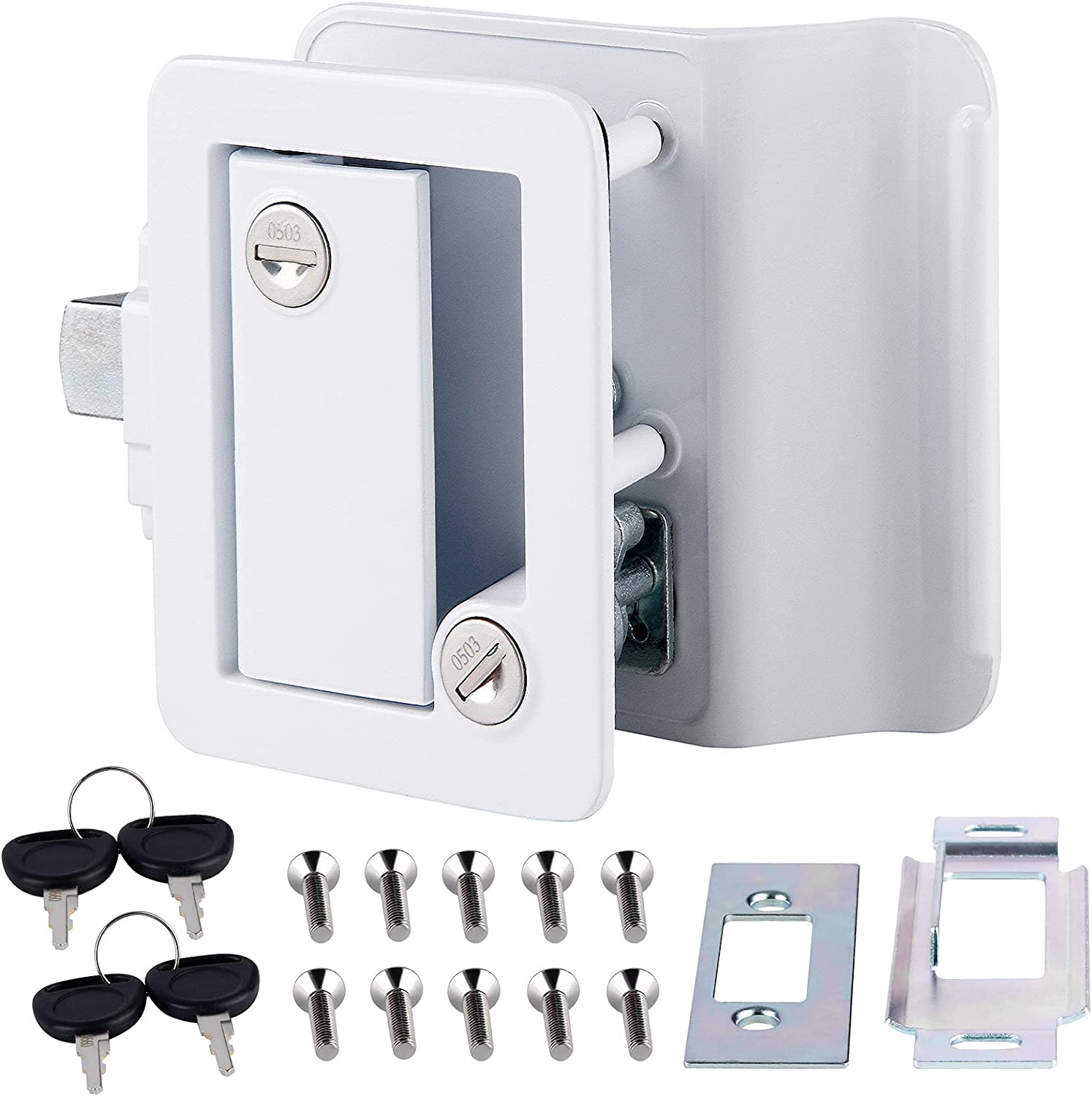 VOGREX RV Door Lock, Travel Trailer Entry Door Lock with Paddle Deadbolt, Camper Door Latch Handle with 4 Keys, Trailer Door Lock for Camper Travel Trailer RV, White