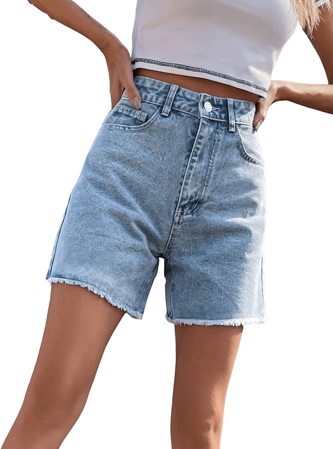 SweatyRocks Women's High Waist Denim Shorts Straight Leg Raw Hem Jean Shorts Summer Hot Pants with Pockets