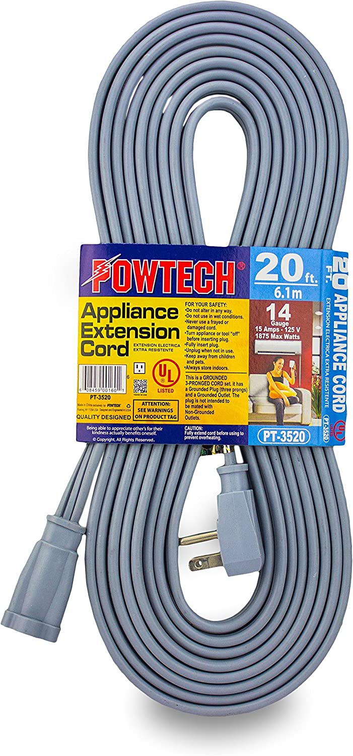 POWTECH Heavy Duty 20 FT Air Conditioner and Major Appliance Extension Cord UL Listed 14 Gauge, 125V, 15 Amps, 1875 Watts Grounded 3-PRONGED Cord