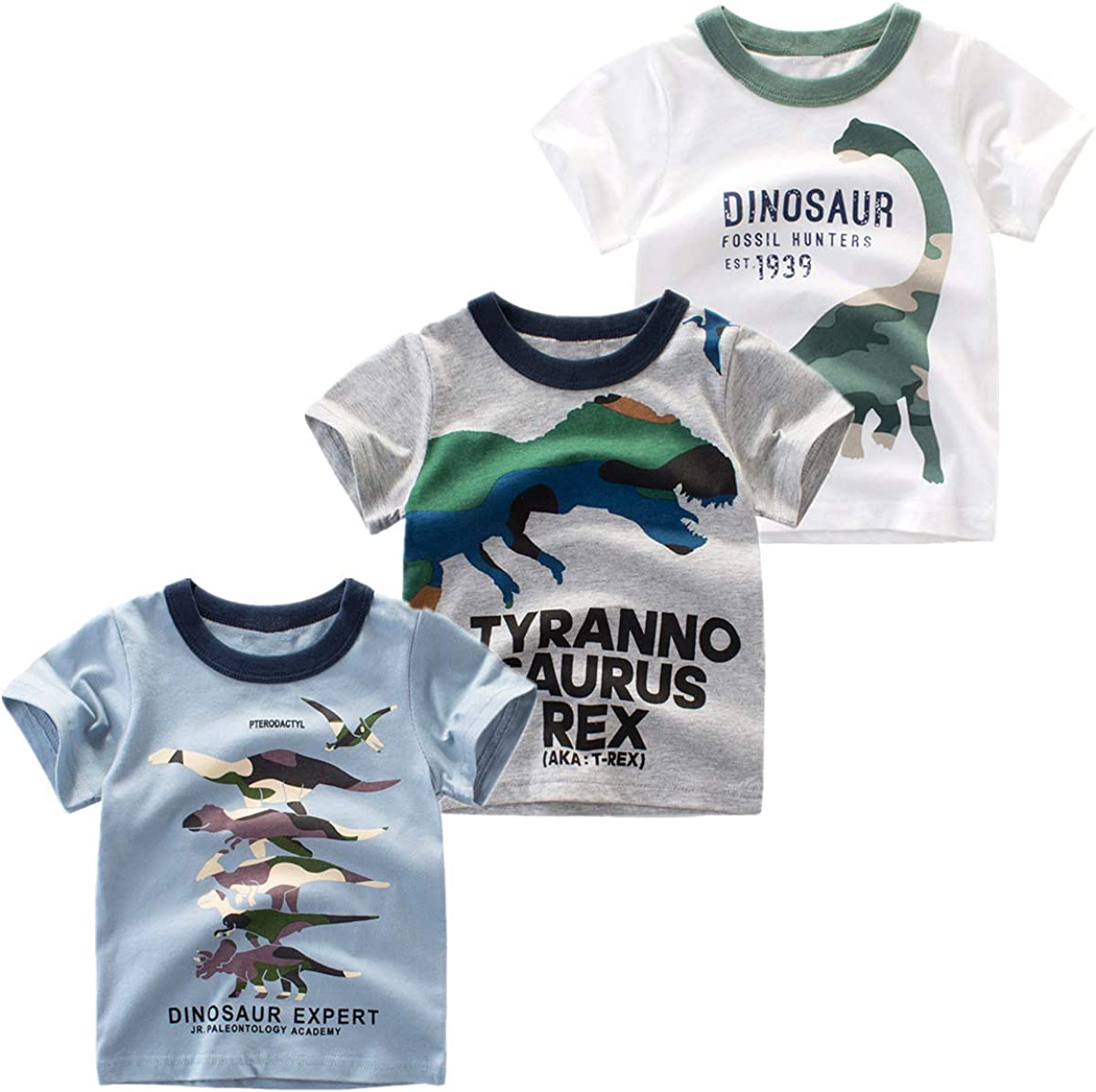 Nuziku Boys' 3-Pack Dinosaur Short Sleeve Crewneck T-Shirts Top Tee Size 2-6 Years