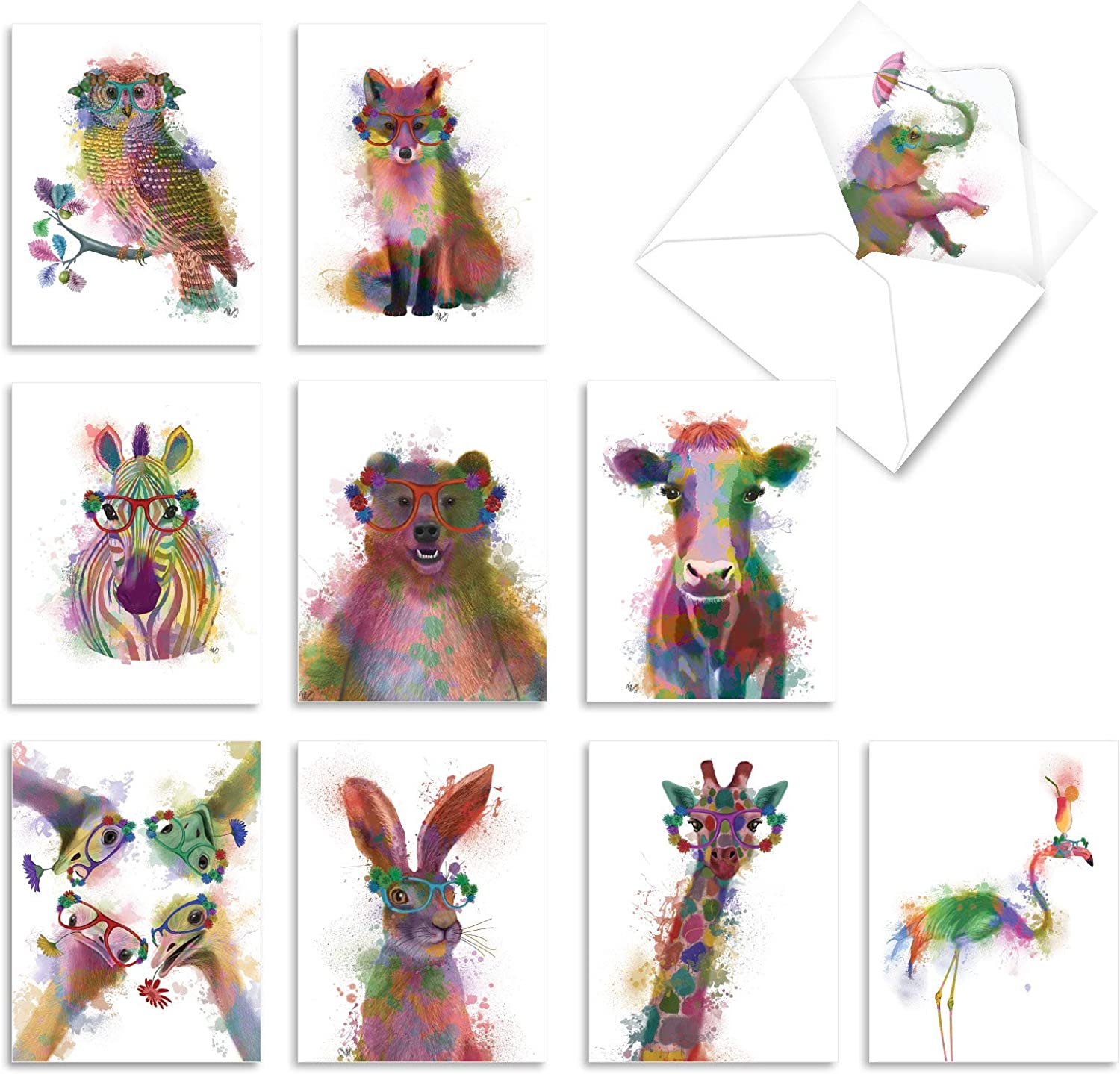 The Best Card Company 10 Mixed Animals Watercolor Greeting Cards Blank with Envelopes Just Because