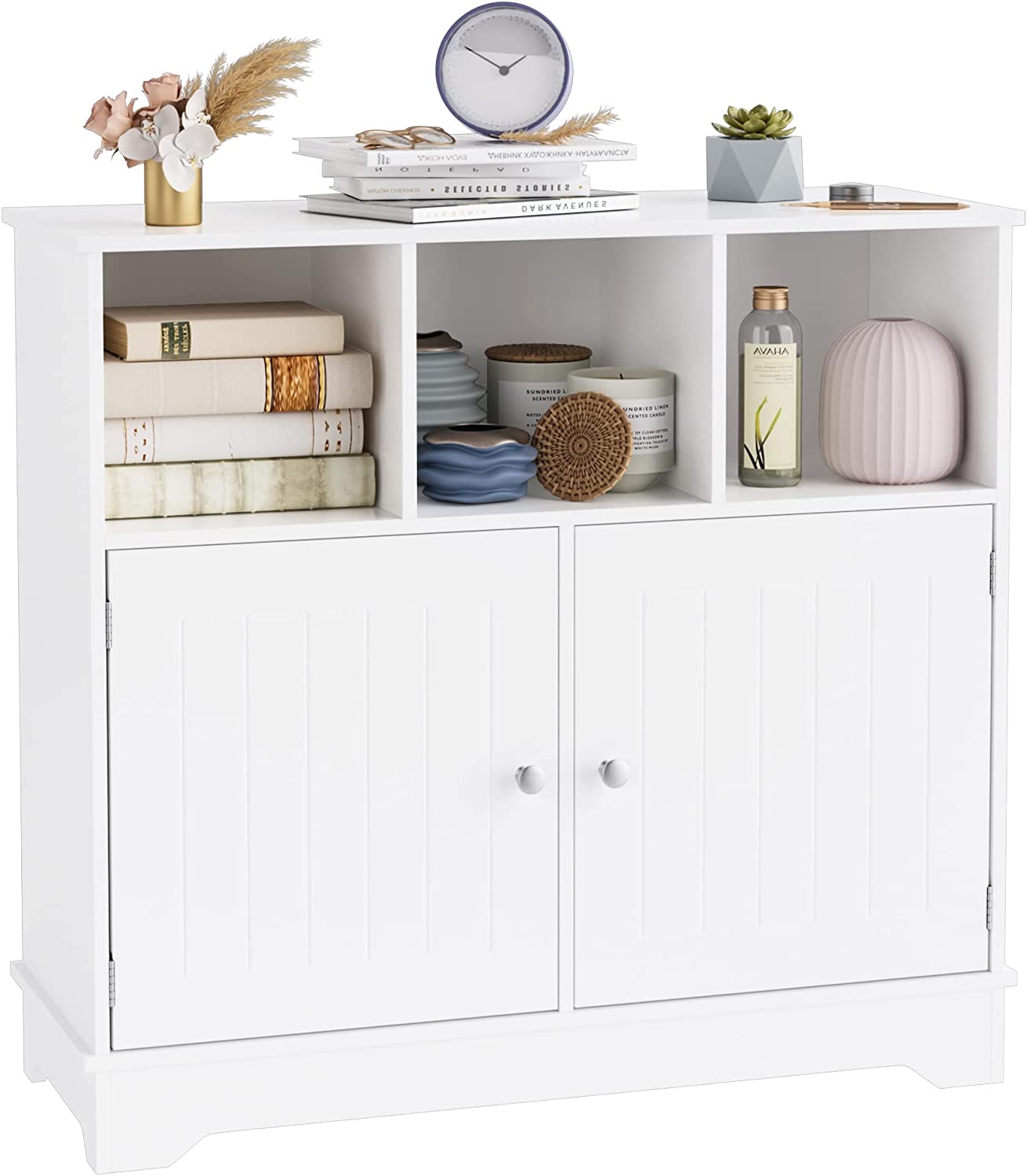 HORSTORS Floor Storage Cabinet， Linen Freestanding Bathroom Cabinet， Side Accent Cabinet with Doors and 3 Open Cubes for Home Office， 31.4&#34; L x 11.8&#34; D x 29.1&#34; H， White